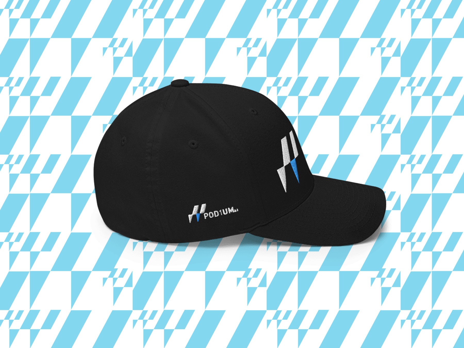 Black hat with Pod1um ai logo on petterned background