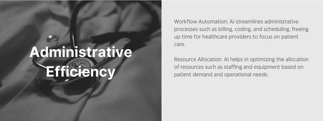 Administrative Efficiency. Workflow automation: AI streamlines administrative processes such as billing, coding, and scheduling, freeing up time for healthcare providers to focus on patient care. Resource allocation: AI helps in optimizing the allocation of resources such as staffing and equipment based on patient demand and operational needs.