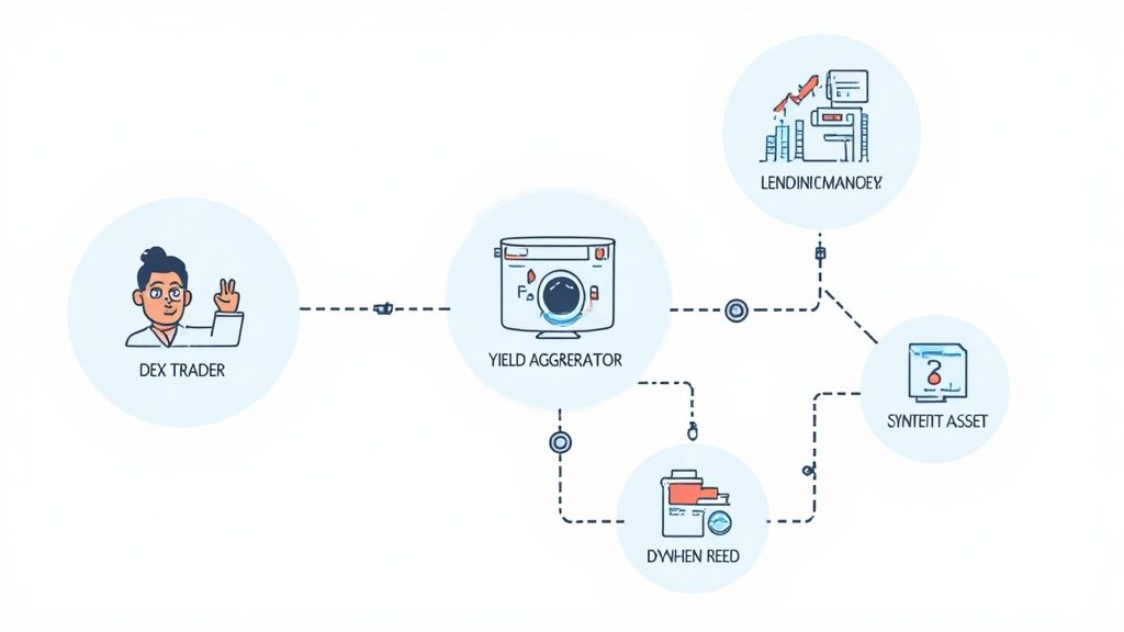 A visual map of the DeFi ecosystem, showing various protocol types connected like a subway system
