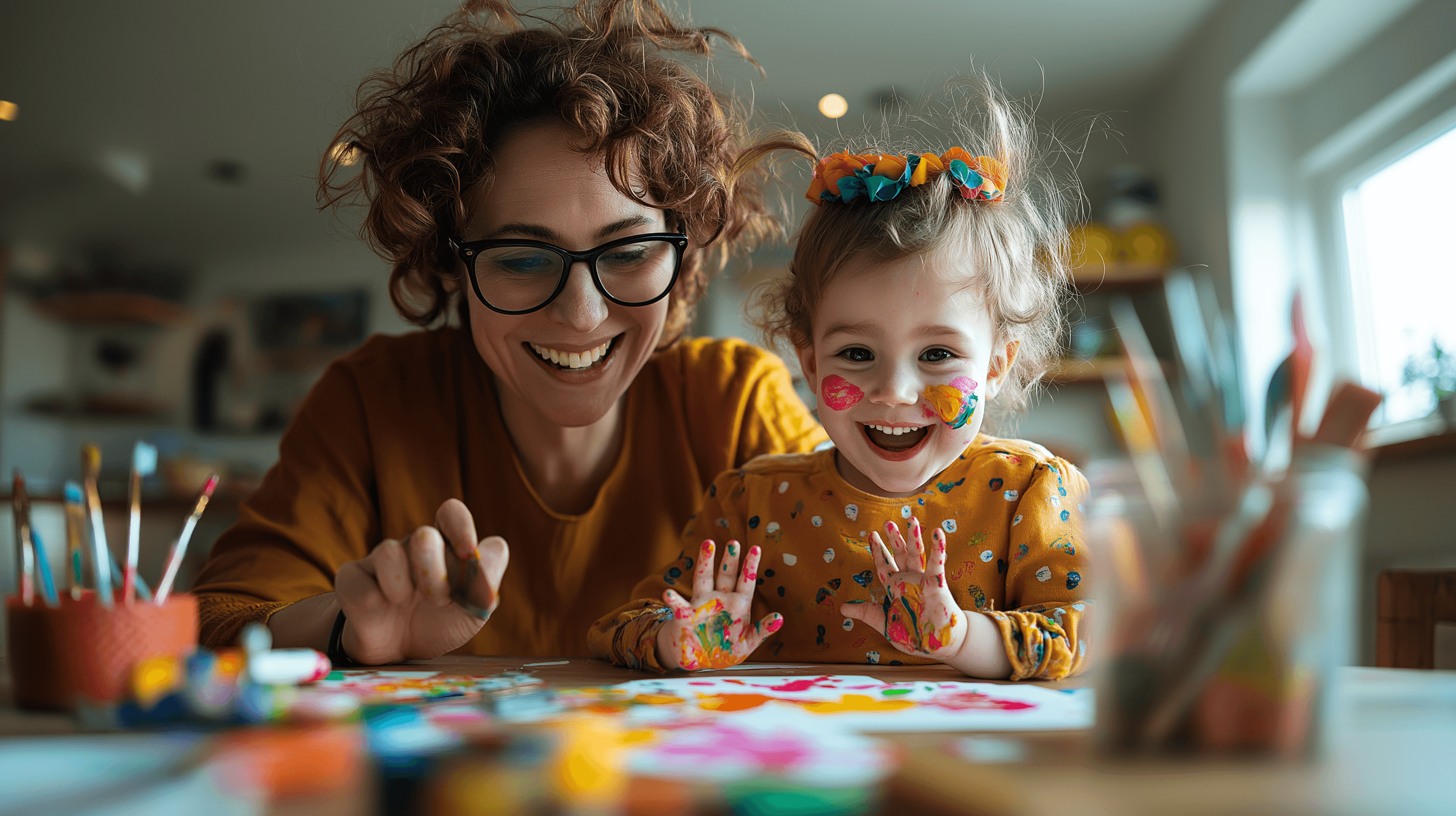 A nanny guiding a child with paint and paper at a kitchen table, focusing on creativity and bonding.