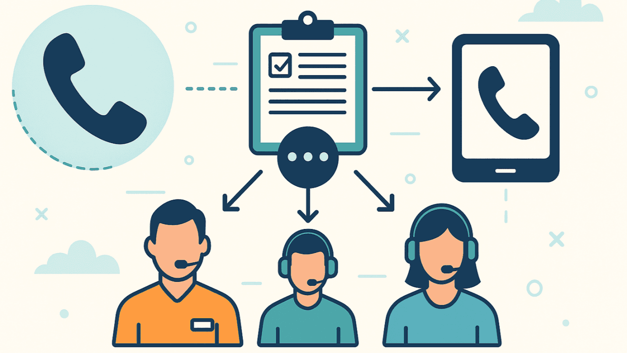 A flowchart with a phone, a clipboard, and three humans with headsets showing the paths calls can take in routing
