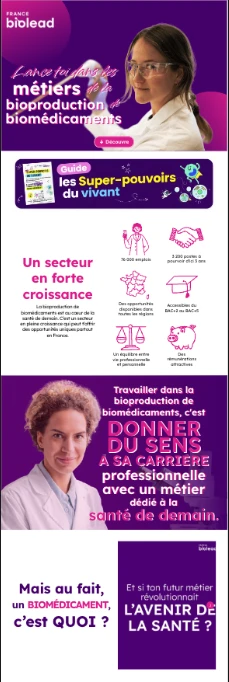 Landing page France BioLead consacrée aux métiers de la bioproduction.