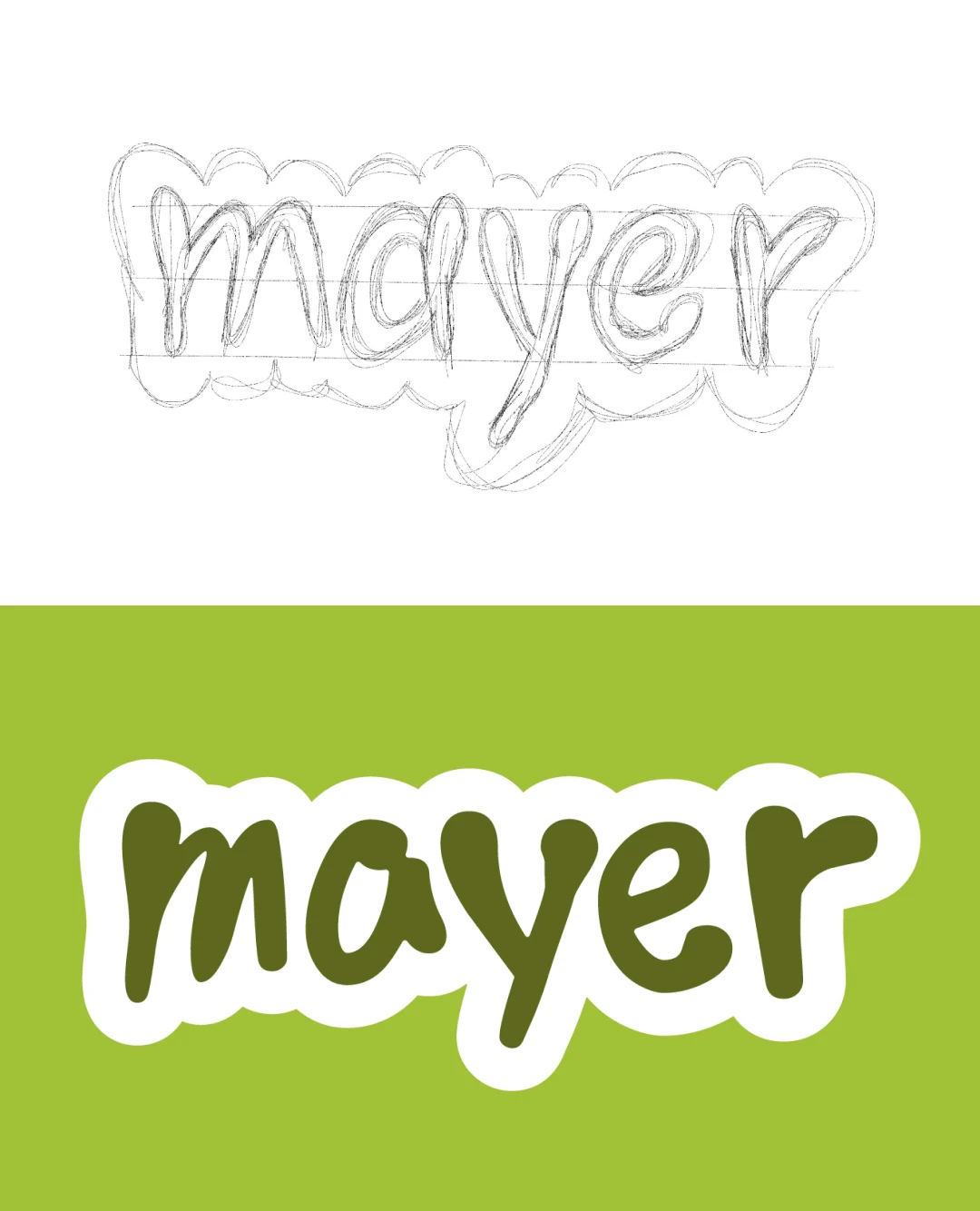Processus de création du logo Mayer Handmade Jewelry — de l'esquisse crayon manuscrite à la version finale vectorisée en vert olive sur chartreuse, logotype dessiné à la main, Tartelette Concept graphiste Toulouse