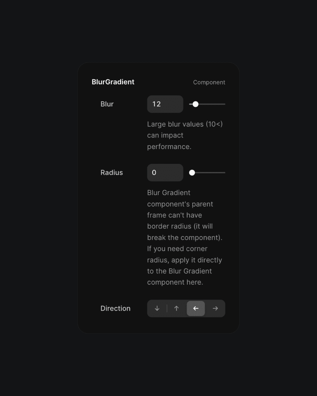 Interface of BlurGradient component showing settings for blur amount, radius, and direction with warnings about performance impact