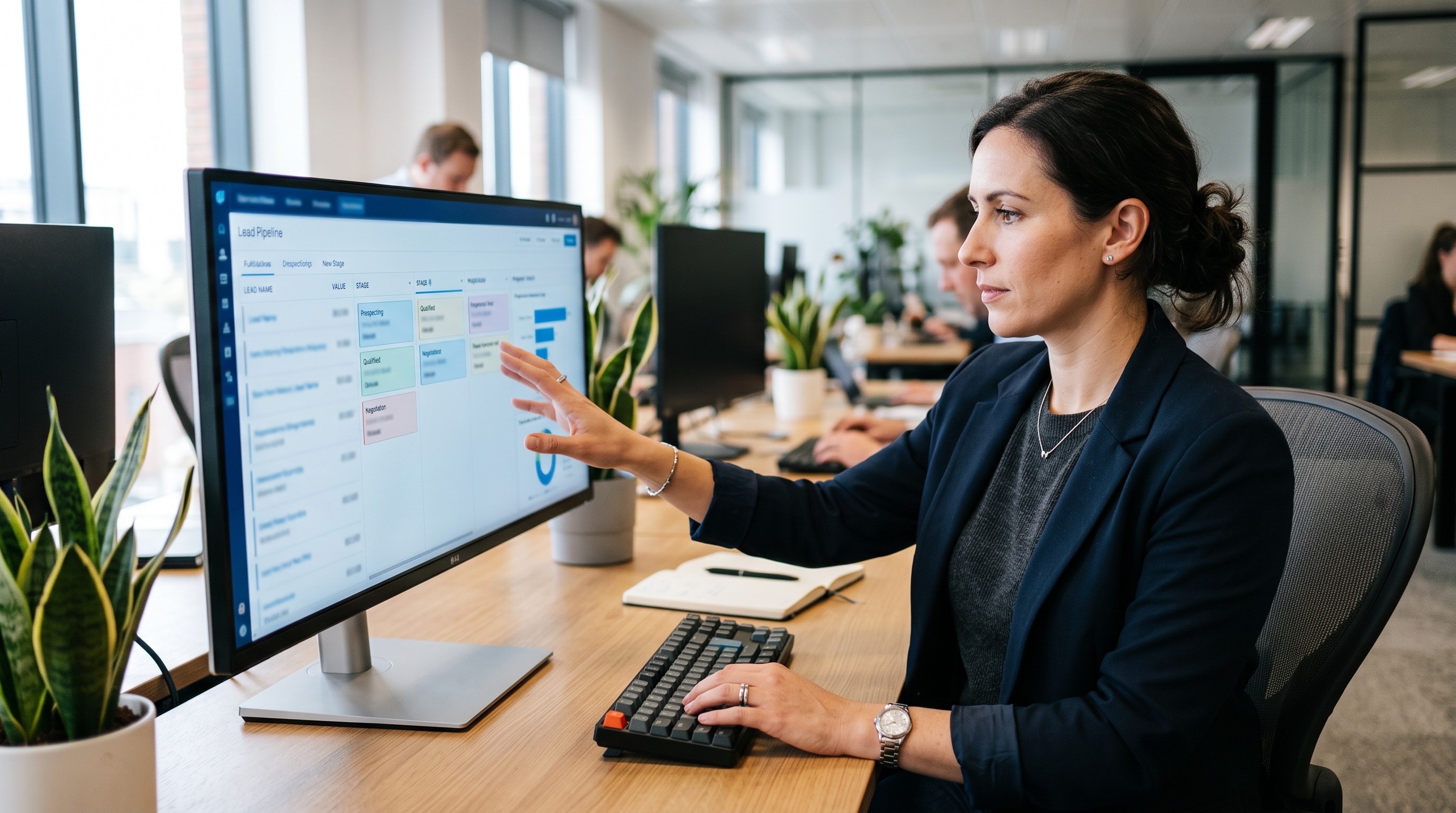 Operations leader reviewing an AI-scored lead pipeline in monday CRM.