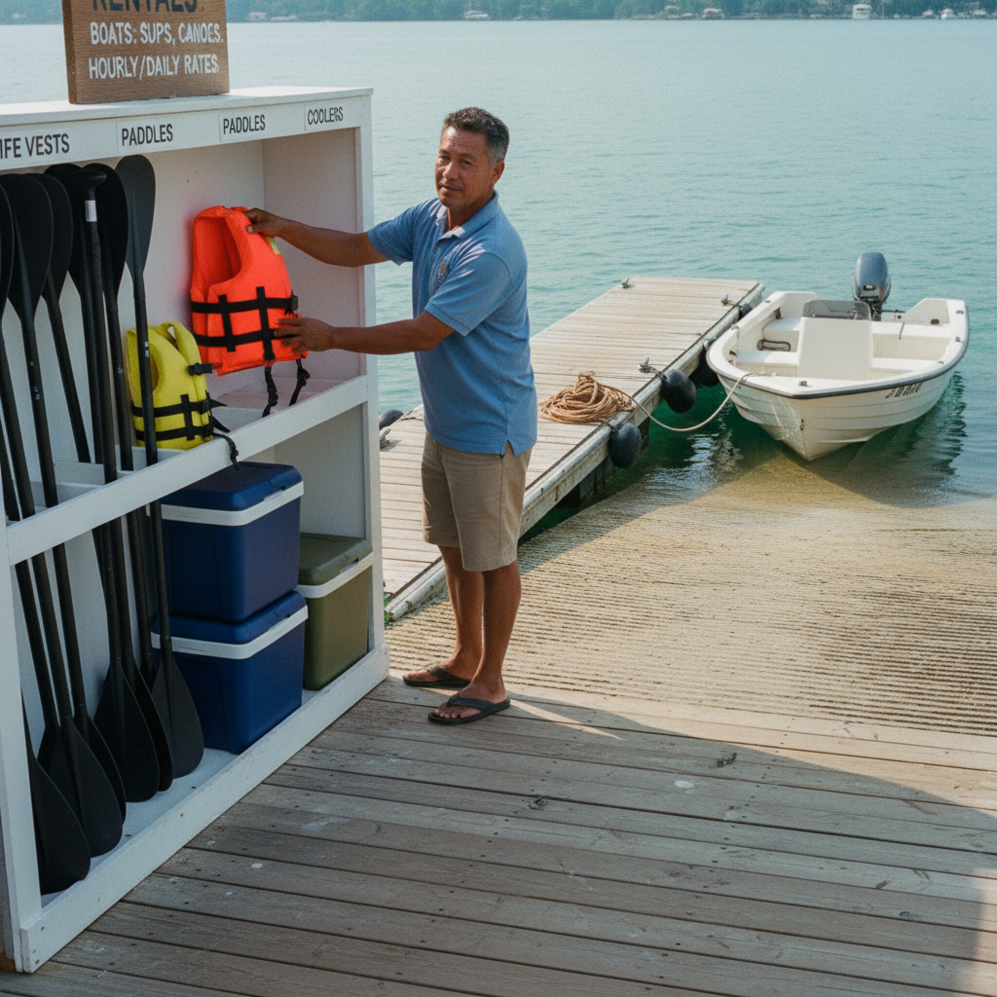 Ein sauber beschriftetes Regal mit Schwimmwesten, Paddeln und kleinen Kühlboxen steht neben der Slipanlage. Ein Mitarbeiter holt gezielt zwei Westen und ein SUP-Paddel, während im Hintergrund ein offenes Motorboot sanft gegen den Steg klopft. Das Licht ist klar, Schatten zeichnen Linien.