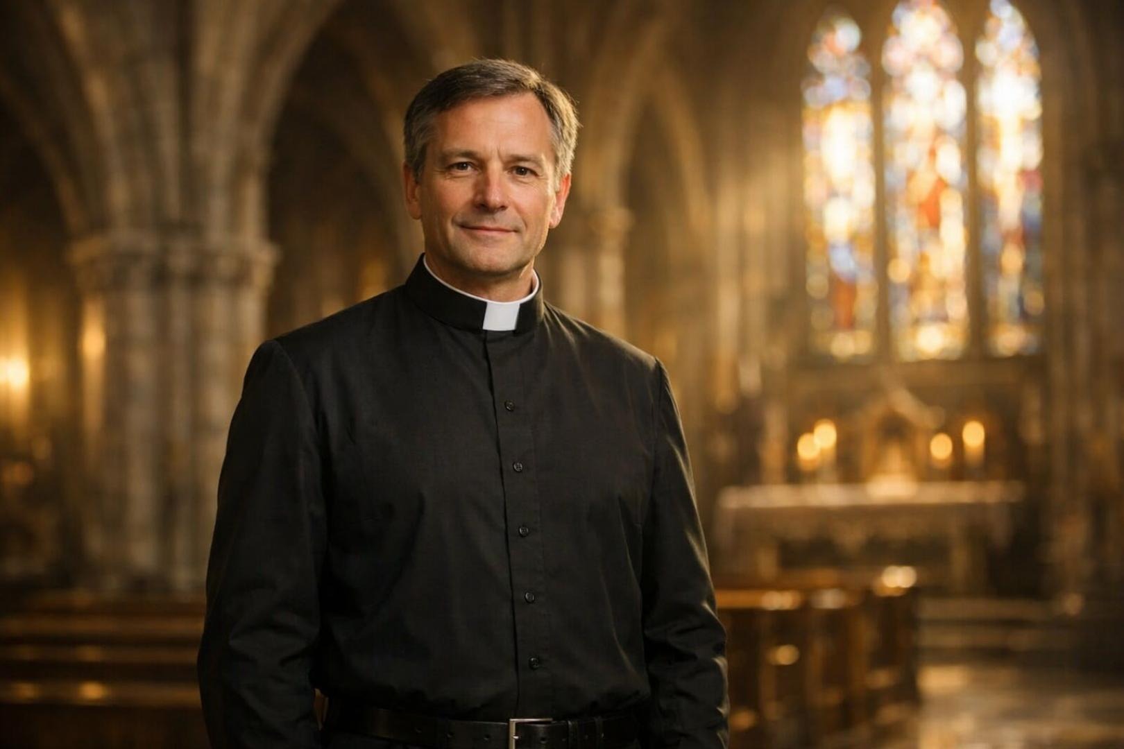 Priest inside historic church setting symbolizing Automatic Dubbing for sermon videos in multilingual congregations