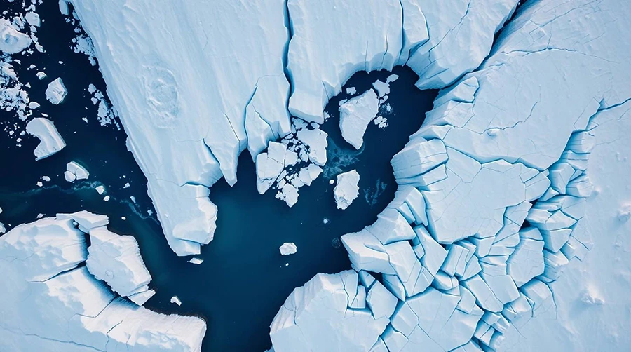 Aerial view of cracked ice sheets floating on dark blue water.