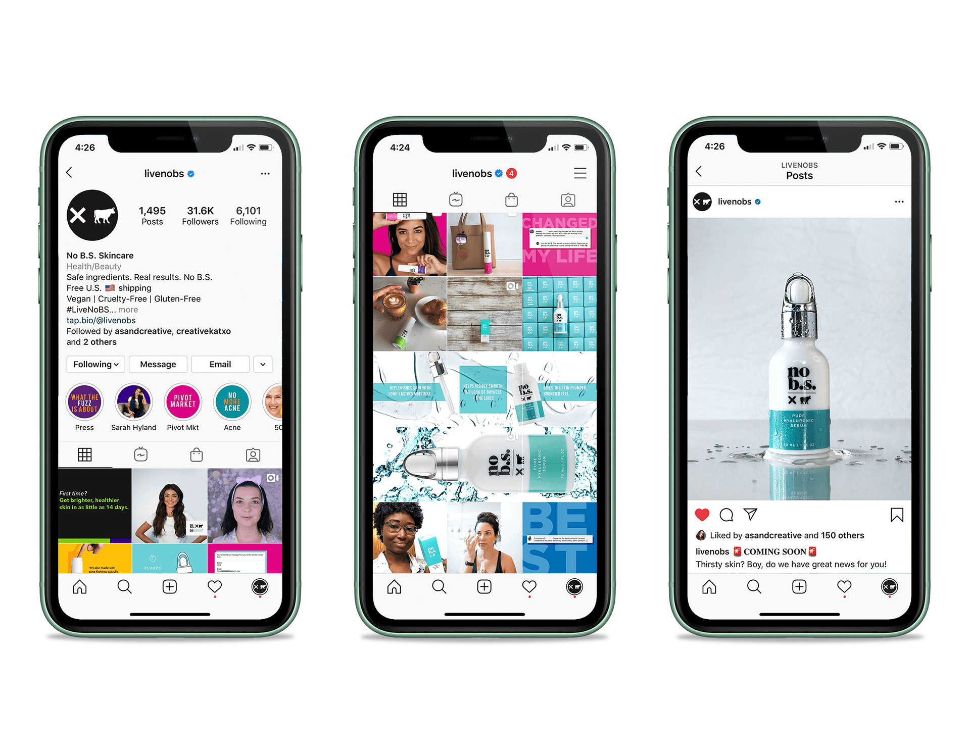 An image of 3 iPhones displaying various posts of No B.S. Skincare's Intagram profile.