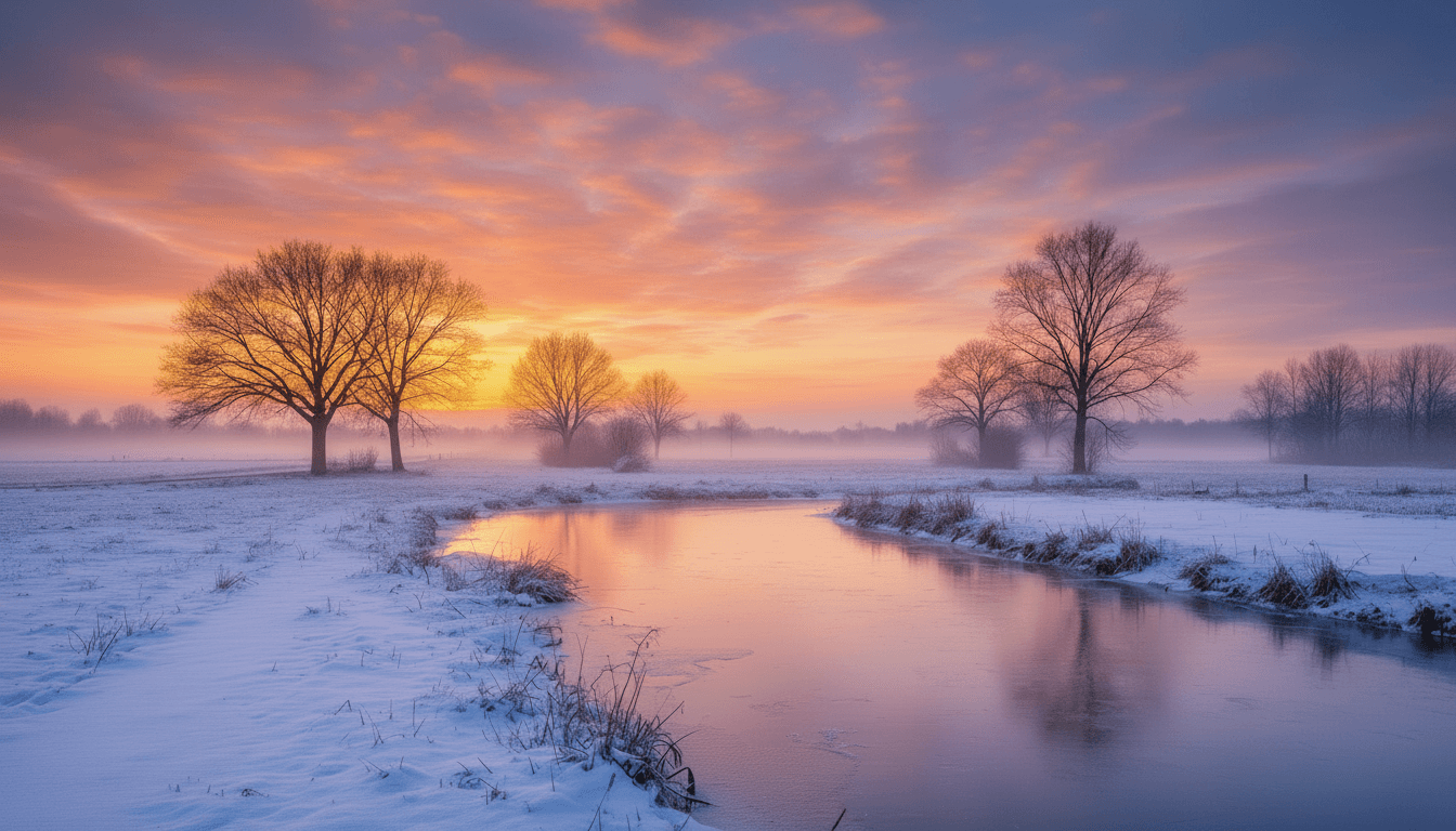 A lone tree stands alone in a snowy field