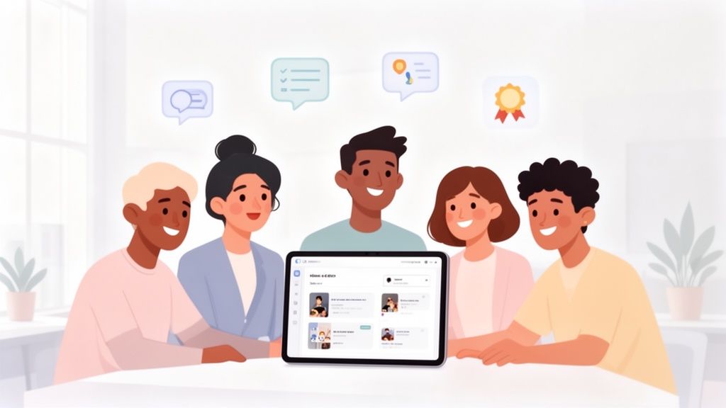 Diverse group of five colleagues collaborating around a tablet displaying a digital employee experience platform.