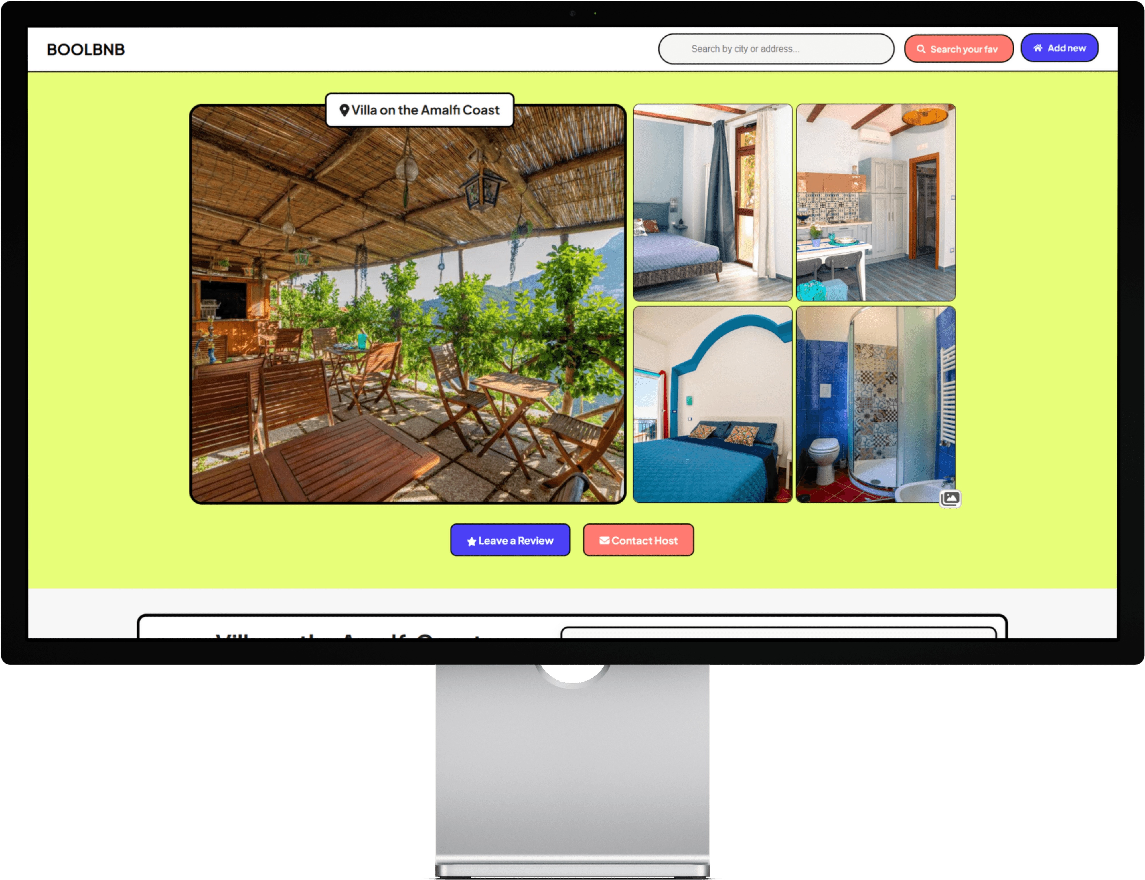 A mockup of the property detail page from the BoolBnB website