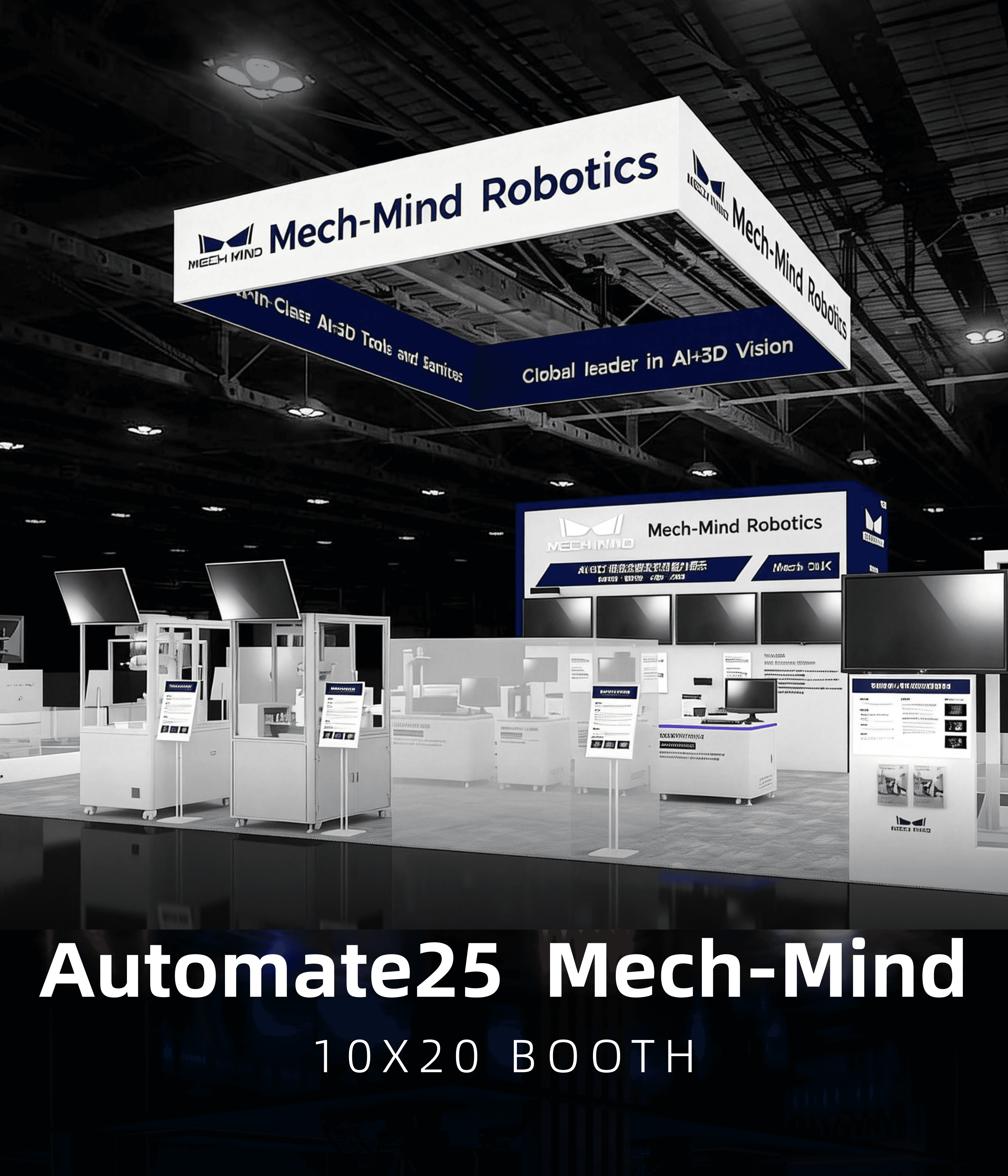 10x20 trade show booth for Mech-Mind Robotics at Automate 2025 featuring structured demo stations and overhead branding