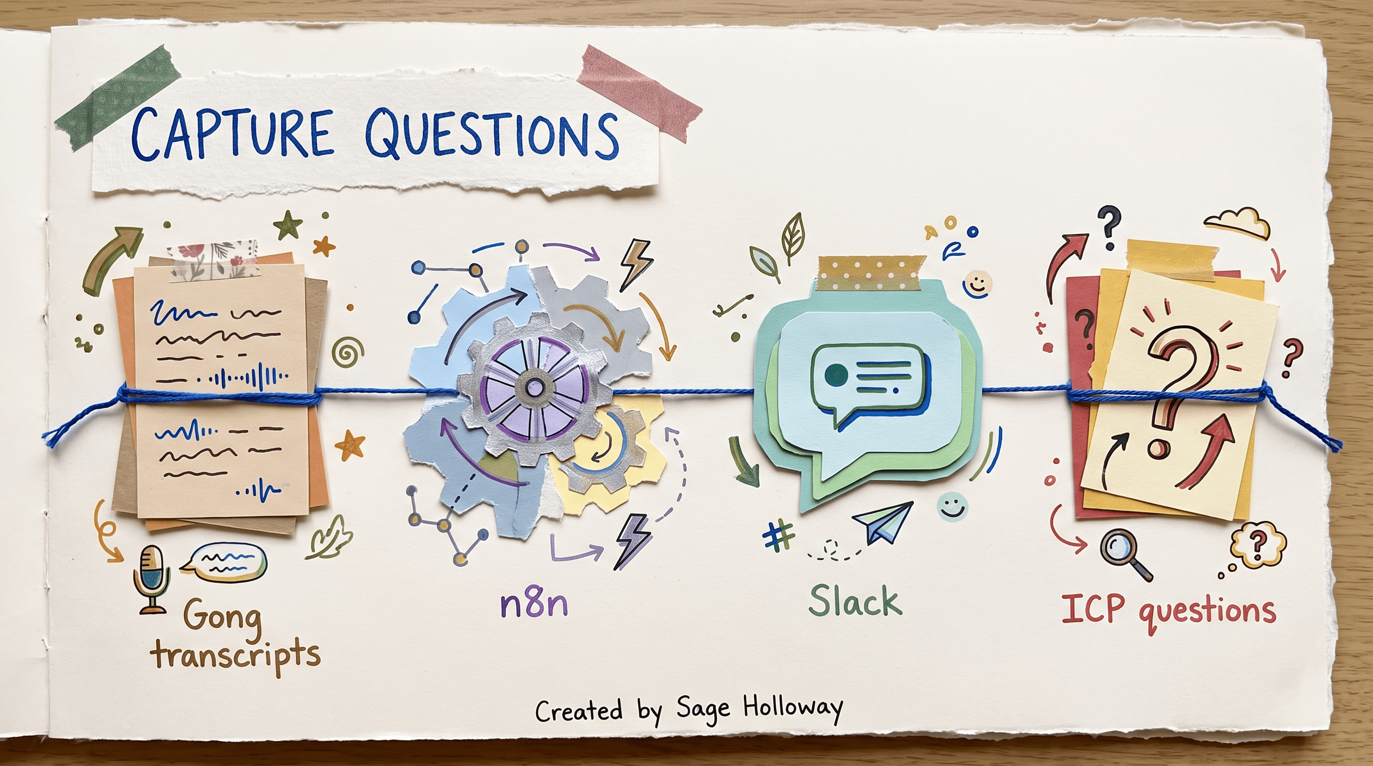 Scrapbook diagram of Gong transcripts flowing into Slack through an n8n workflow for buyer questions