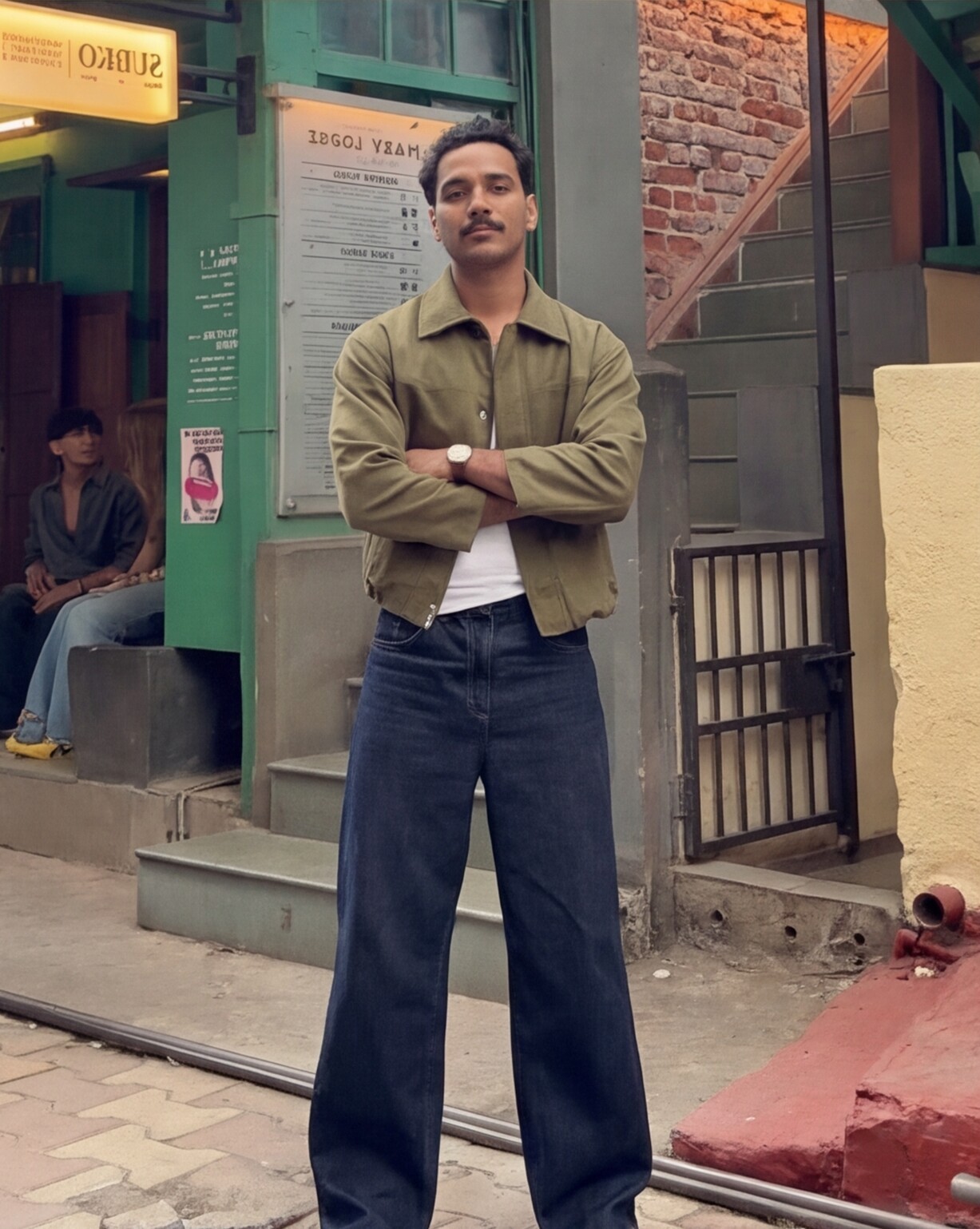 Olive Jacket with Wide-Leg Denim