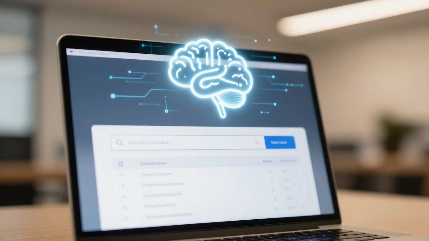 AI brain icon above laptop search results page