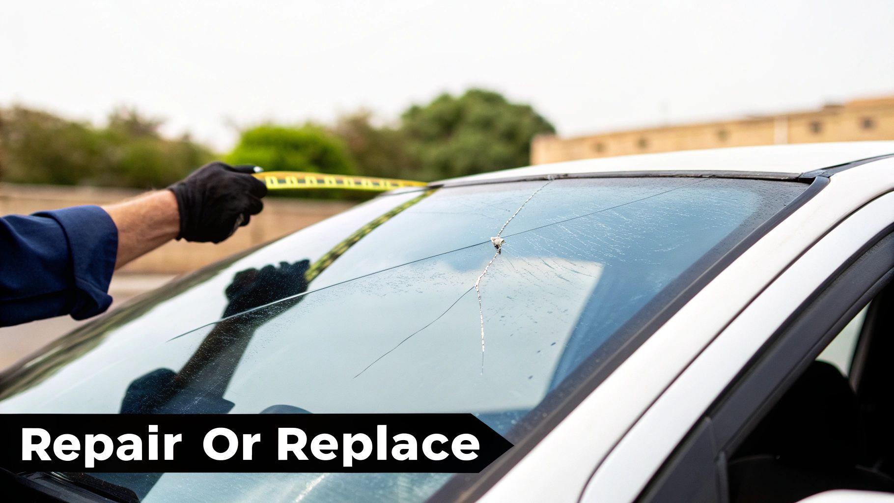 A gloved hand measures a long, star-shaped crack on a white car's windshield.