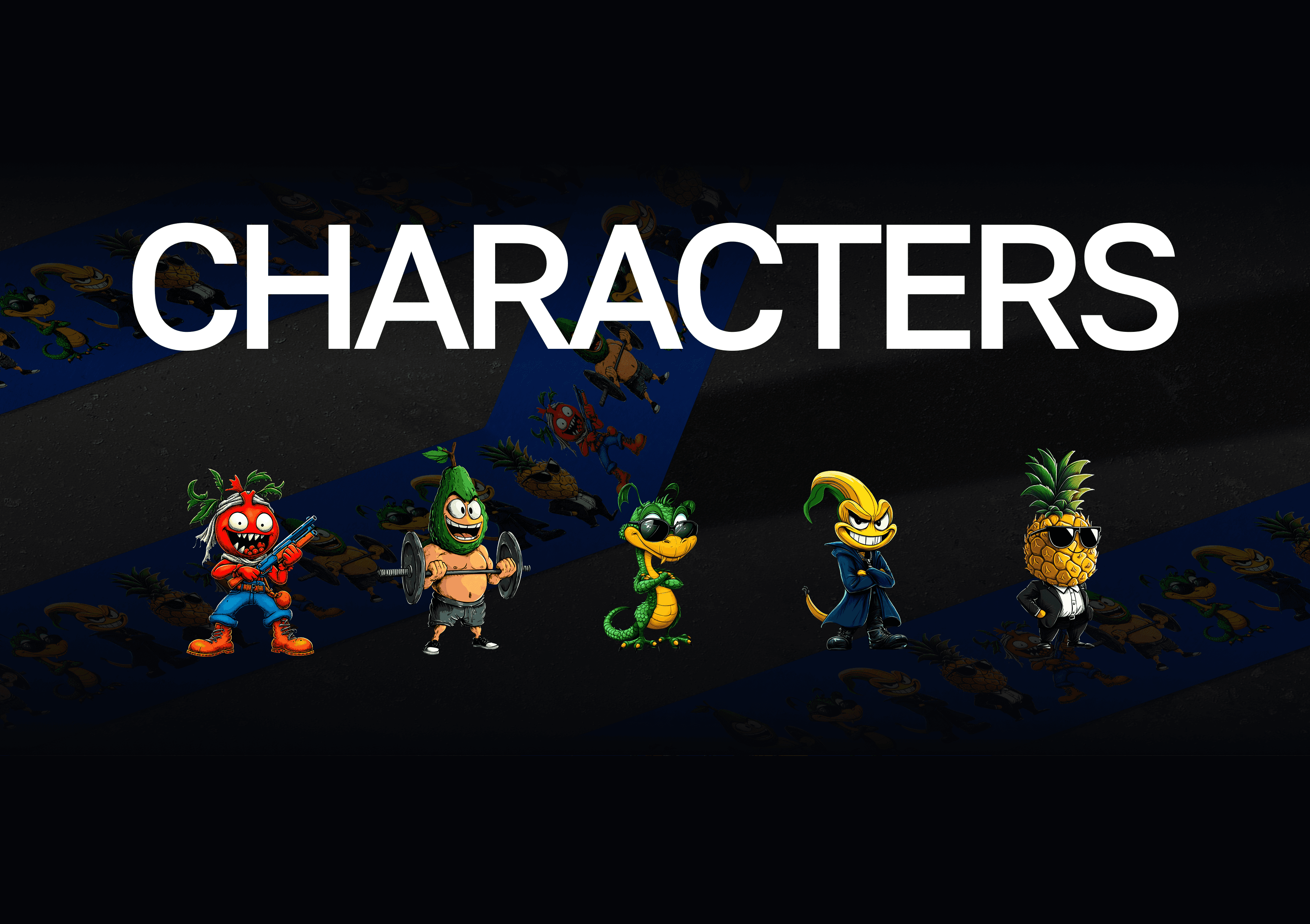 Lineup of NarCoin game characters — stylized fruit fighters illustrated in cartoon style on a black background.