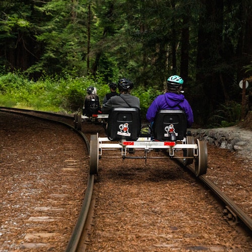 People riding pedal-powered rail cars on a forested train track. Dense green foliage lines the track.