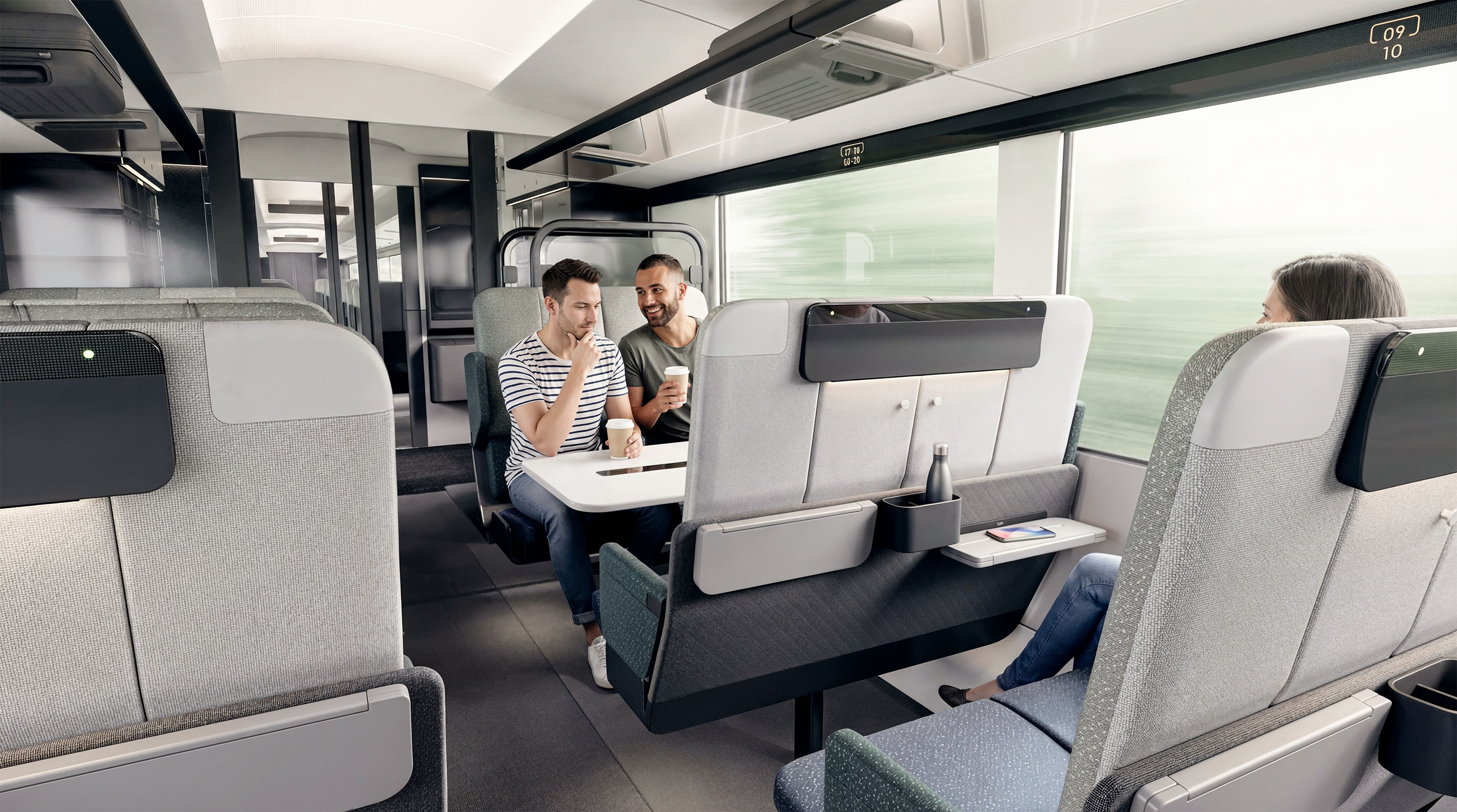 3D render showing design concept for main cabin from the rear of HS2 train