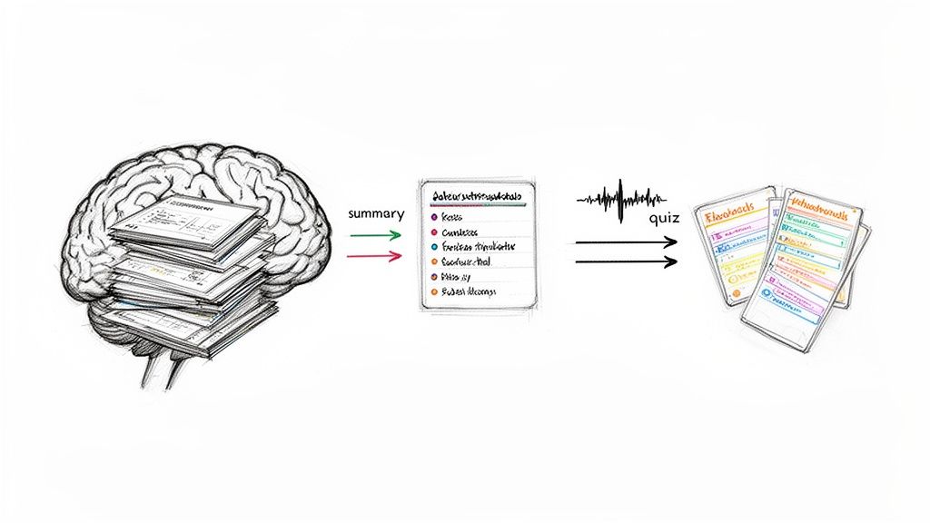 Conceptual diagram of learning: brain processing information into summaries and flashcards for quizzes.