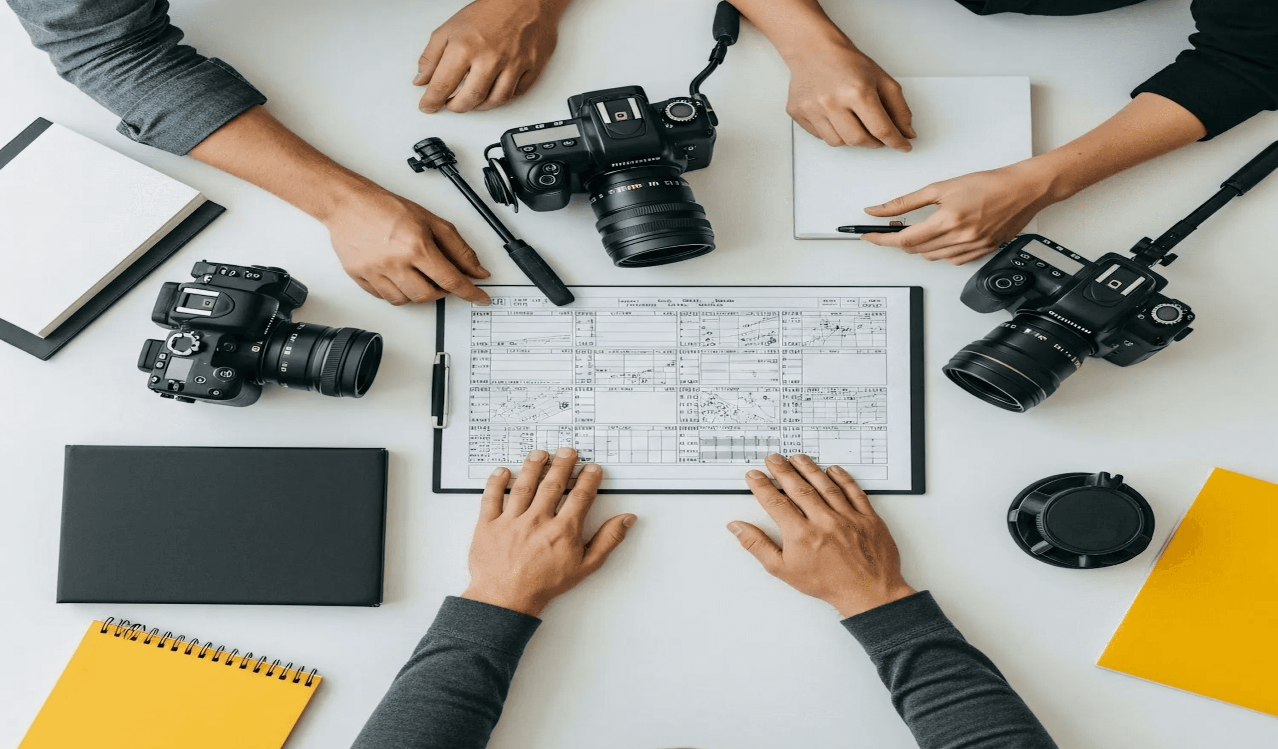 Cameras and notebooks on table.