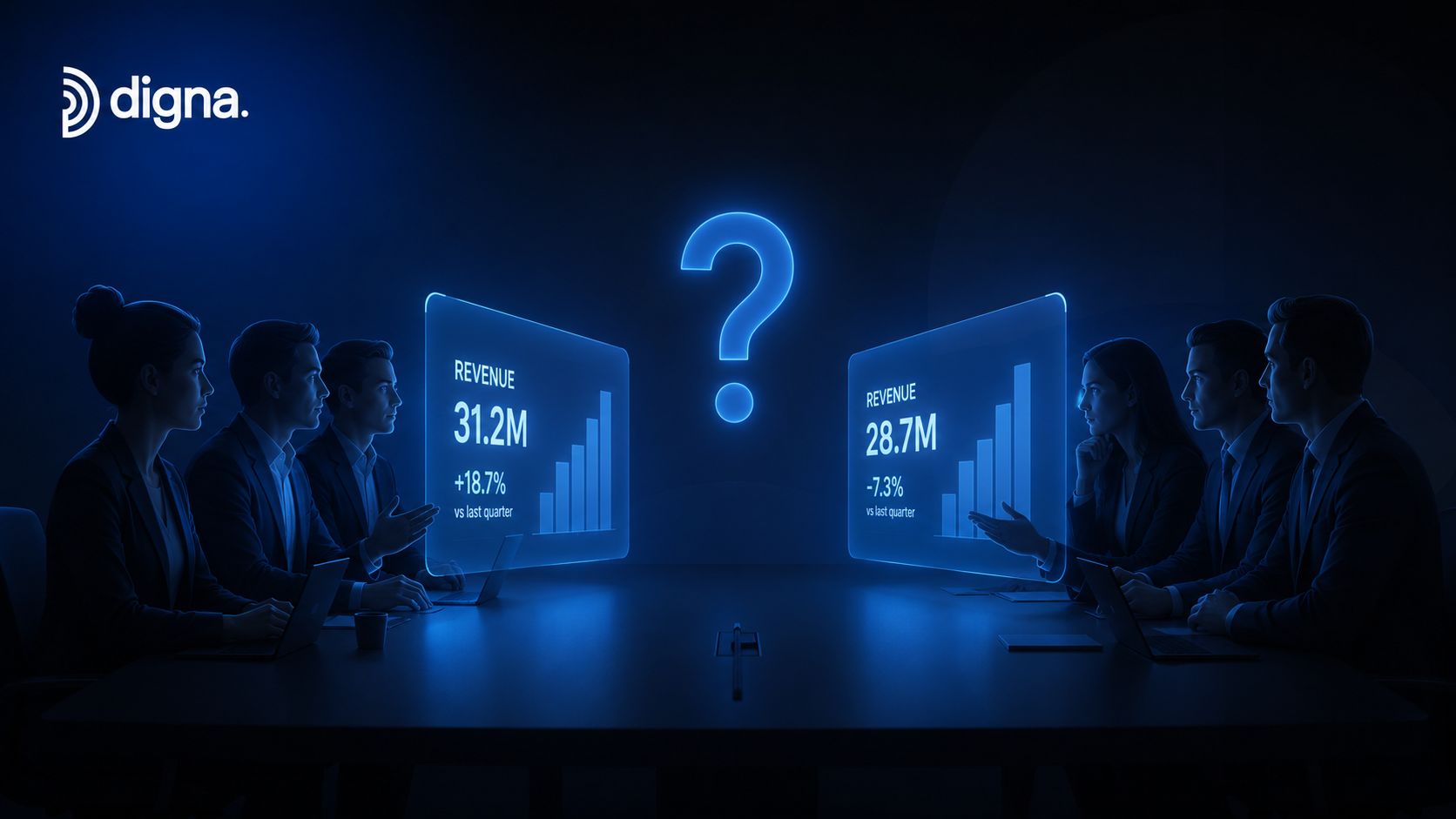 A professional team discussing revenue data displayed on digital screens in a dark, high-tech boardroom.