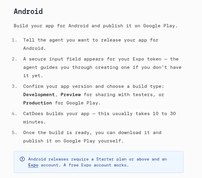 CatDoes docs listing the Android build types: Development, Preview for testers, and Production for Google Play