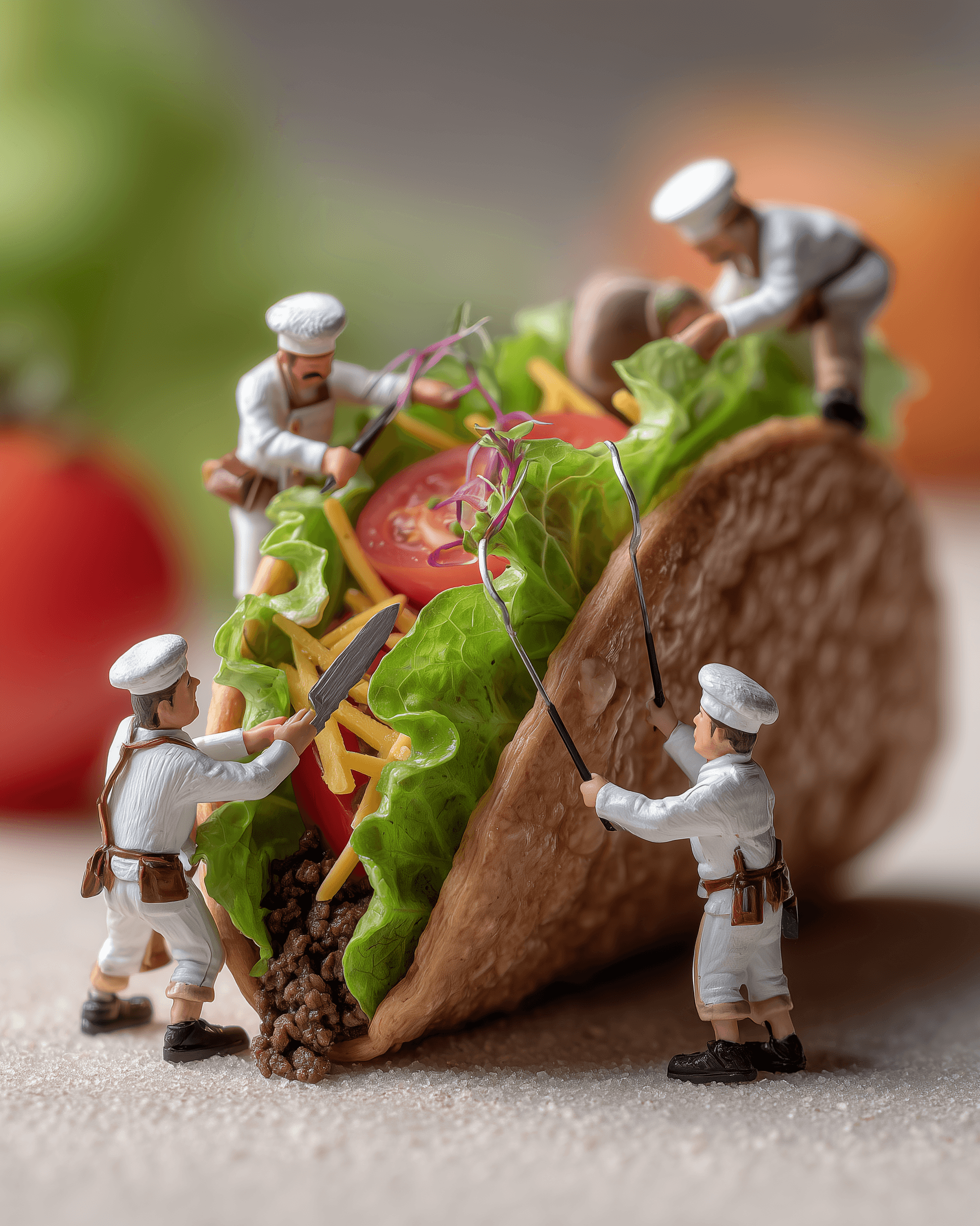 Playful miniature chefs assembling a taco, reflecting the creativity, detail driven thinking, and imaginative spirit behind Sajid Rayani’s approach to restaurant innovation.