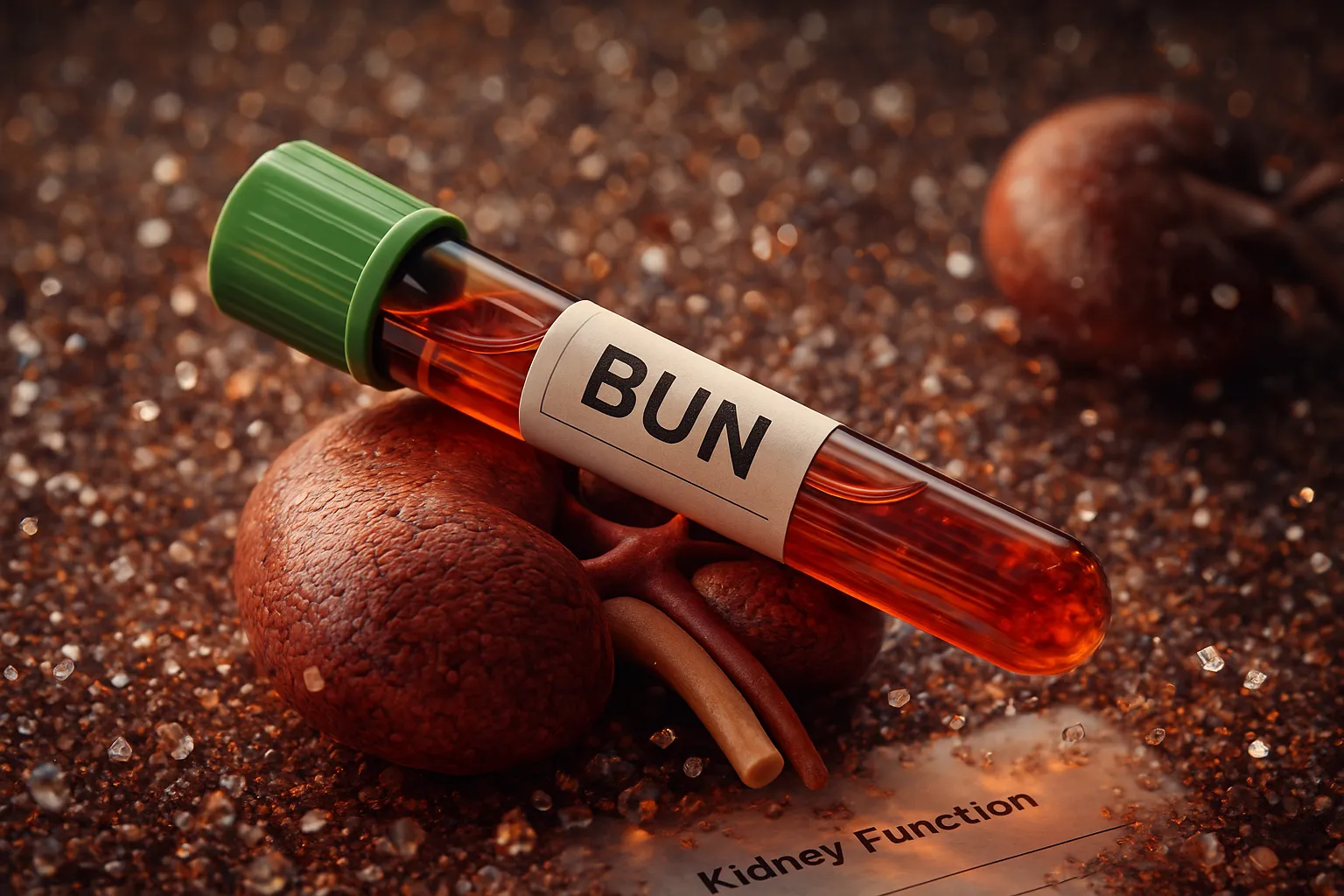 BUN - Blood tube labeled BUN resting on a kidney model and kidney function report.