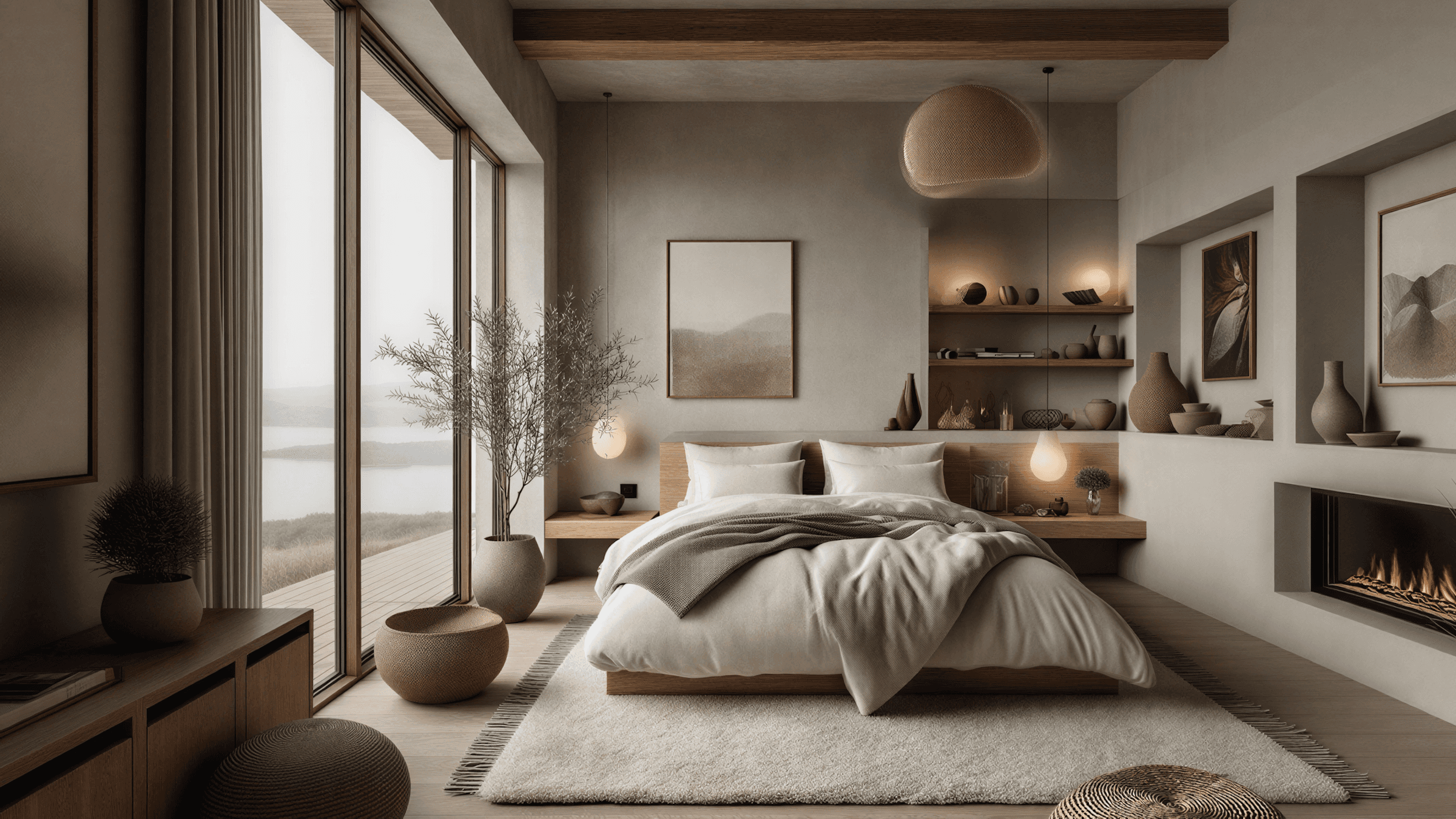 Modern bedroom featuring neutral tones, a cozy bed, large windows, and stylish decor elements.