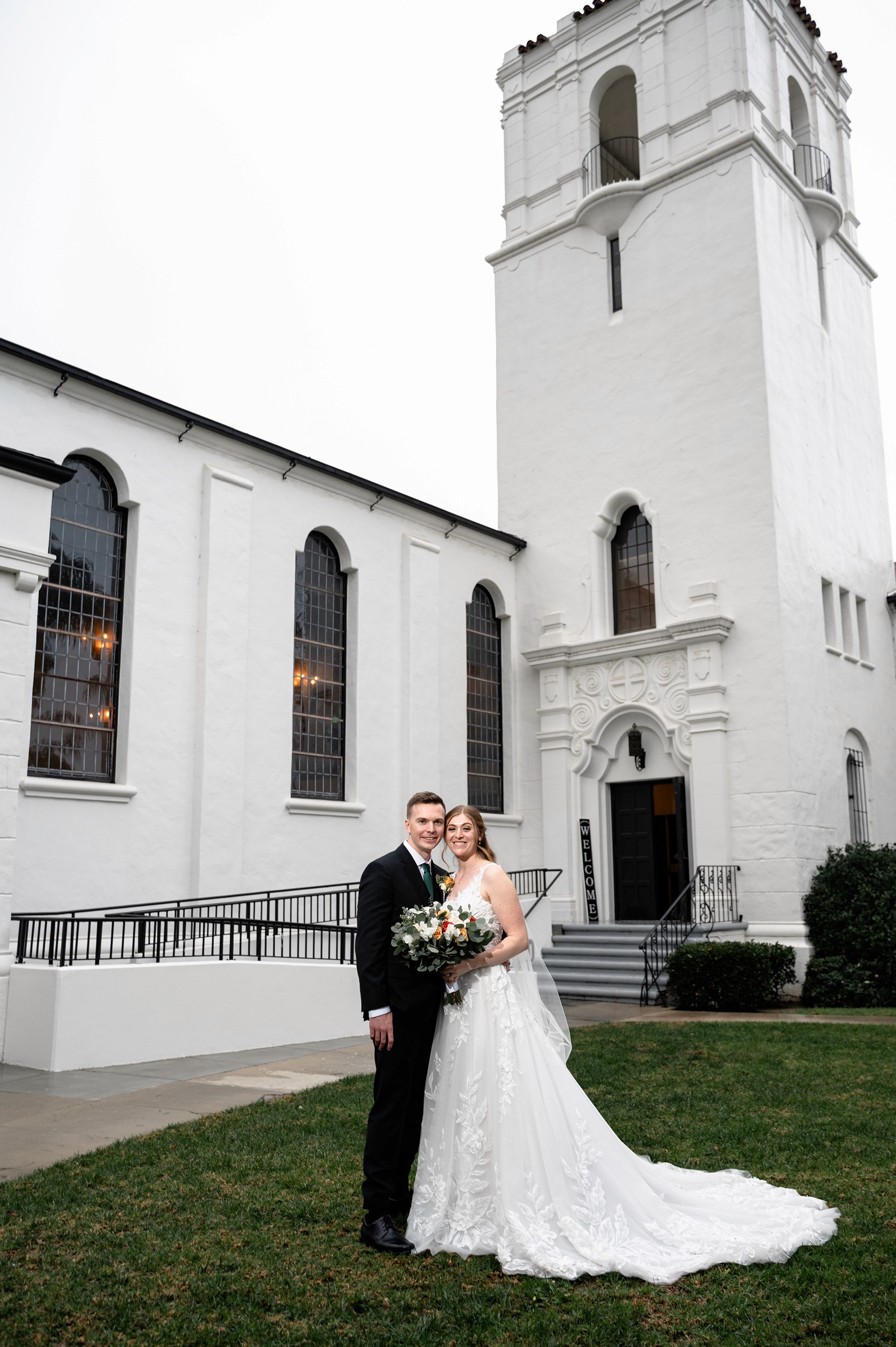 Flat lay wedding details with bouquet, rings, and sparkling bridal heels