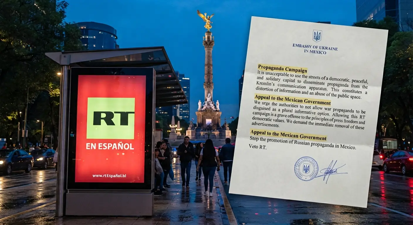 RT en Español advertisement displayed on a Mexico City street near the Ángel of Independence, alongside a letter from the Embassy of Ukraine criticizing Russian propaganda in Mexico.