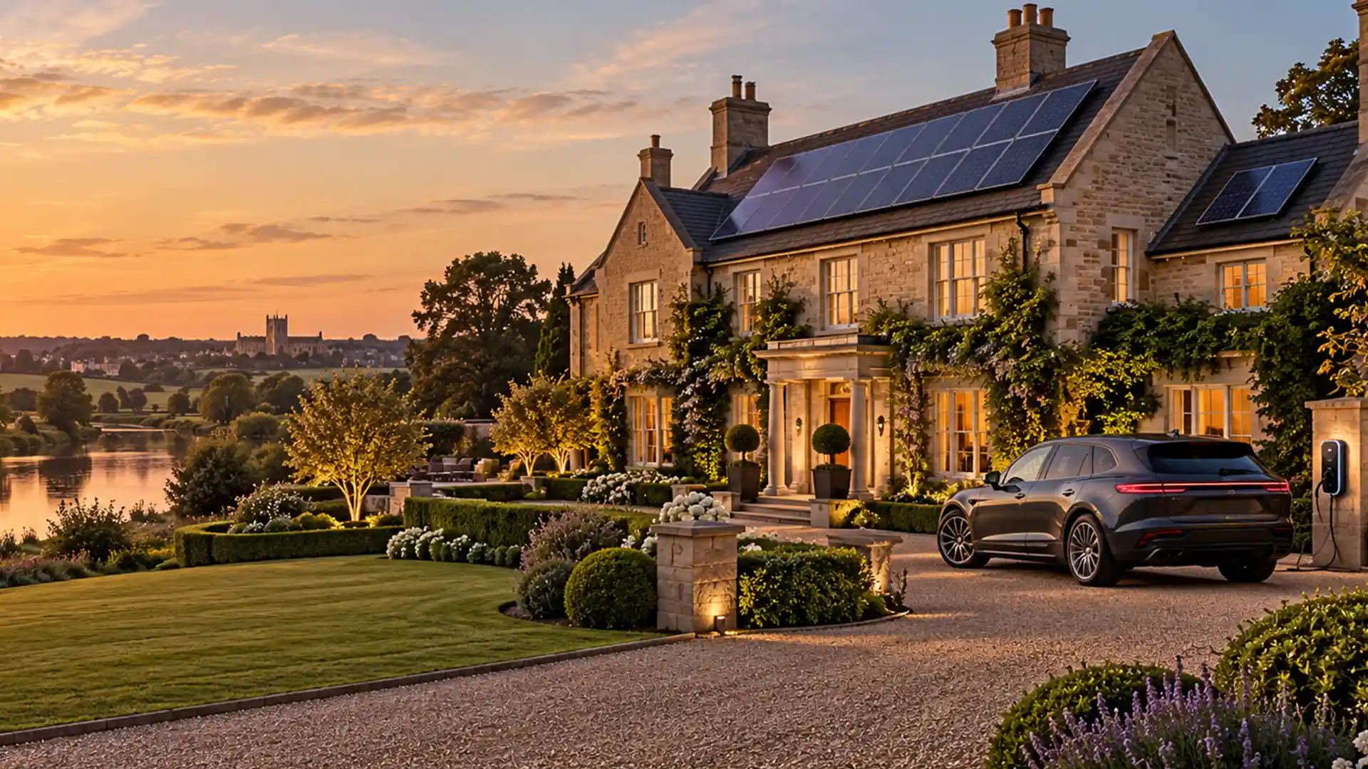Modern home with rooftop solar panels and EV charger representing renewable energy solutions in Surrey