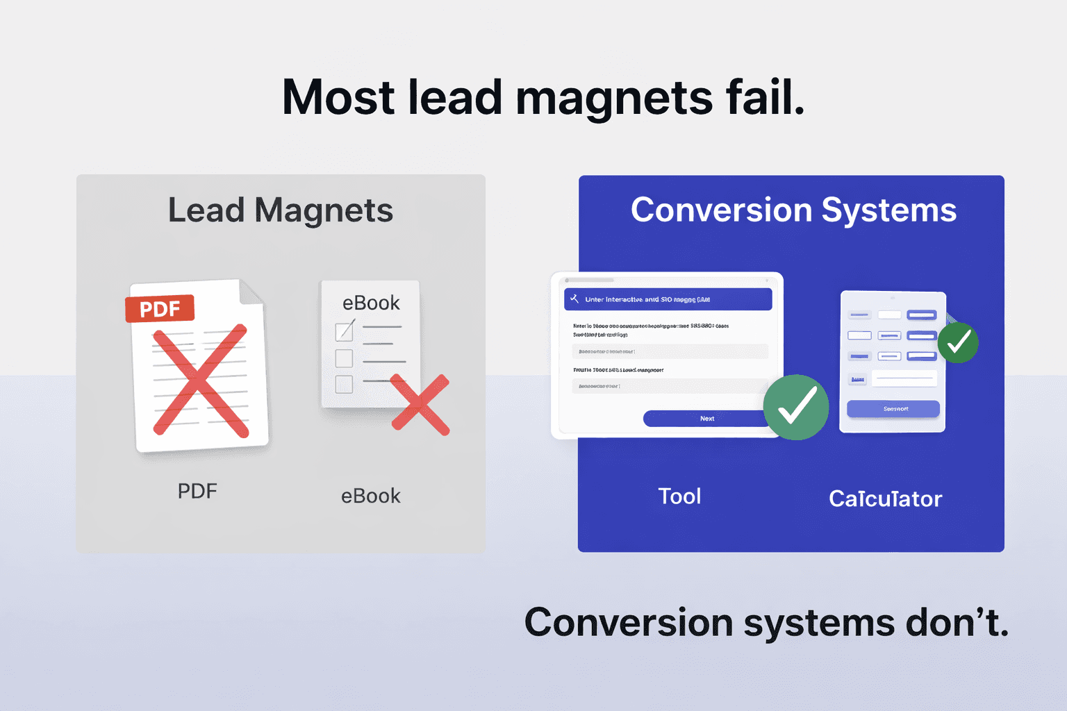 Illustration comparing traditional lead magnets and conversion systems: PDFs and ebooks crossed out on the left, interactive tools and calculators validated on the right, showing why most lead magnets fail while conversion systems perform better.