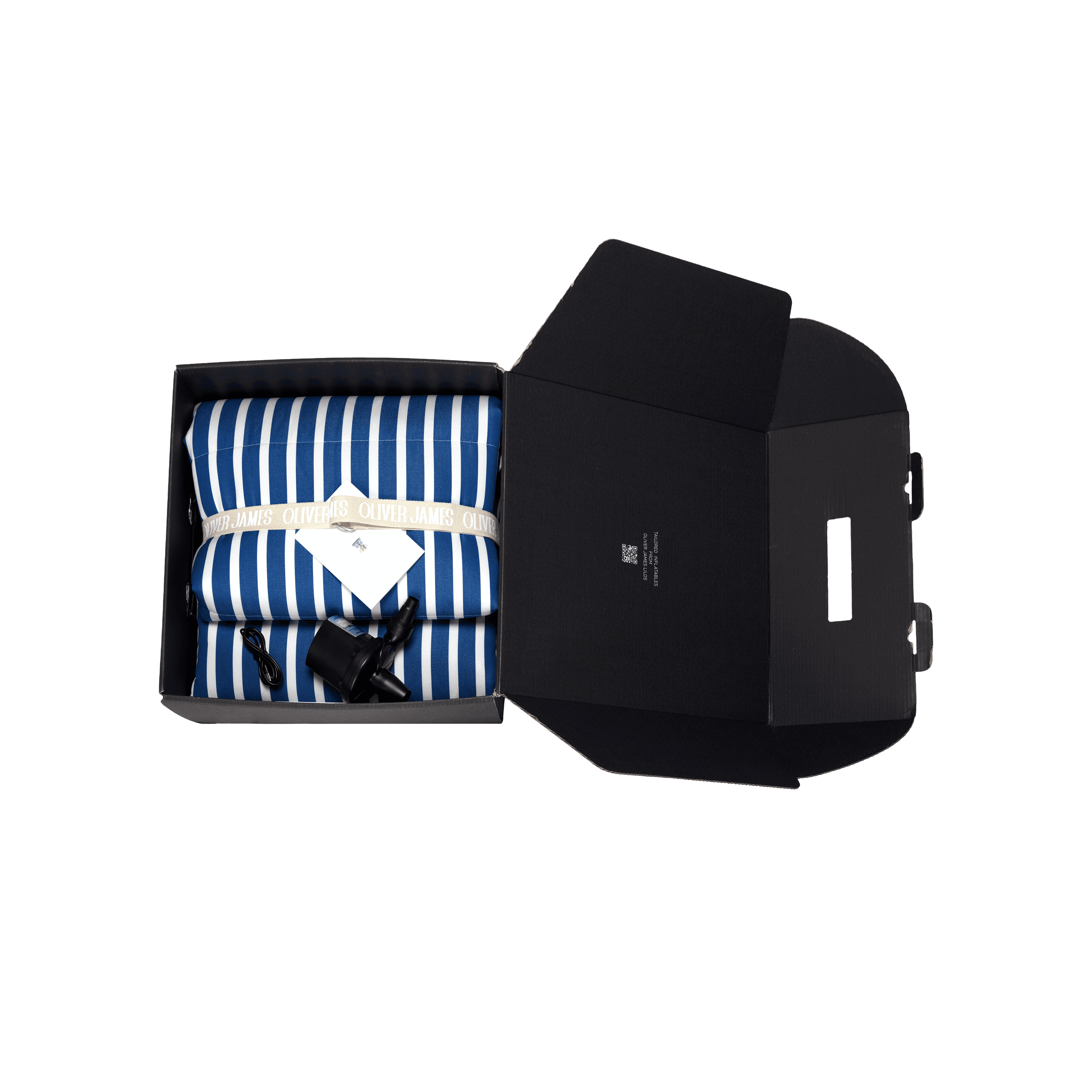 Blue-and-white striped lilo folded in its structured black travel case with branded label and securing straps