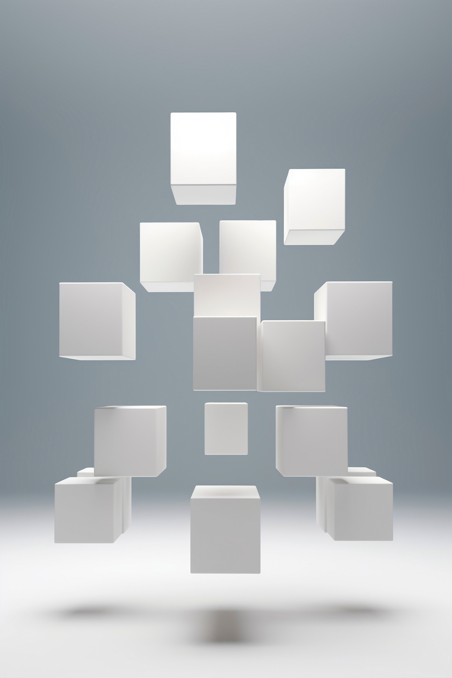 Floating white cubes arranged in a loose 3D grid on a soft grey background.