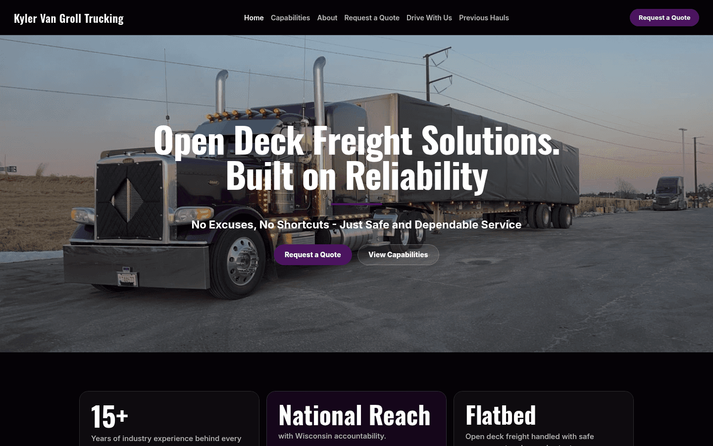 Desktop homepage of kvgtrucking.com: a flatbed truck and the Kyler Van Groll Trucking name.