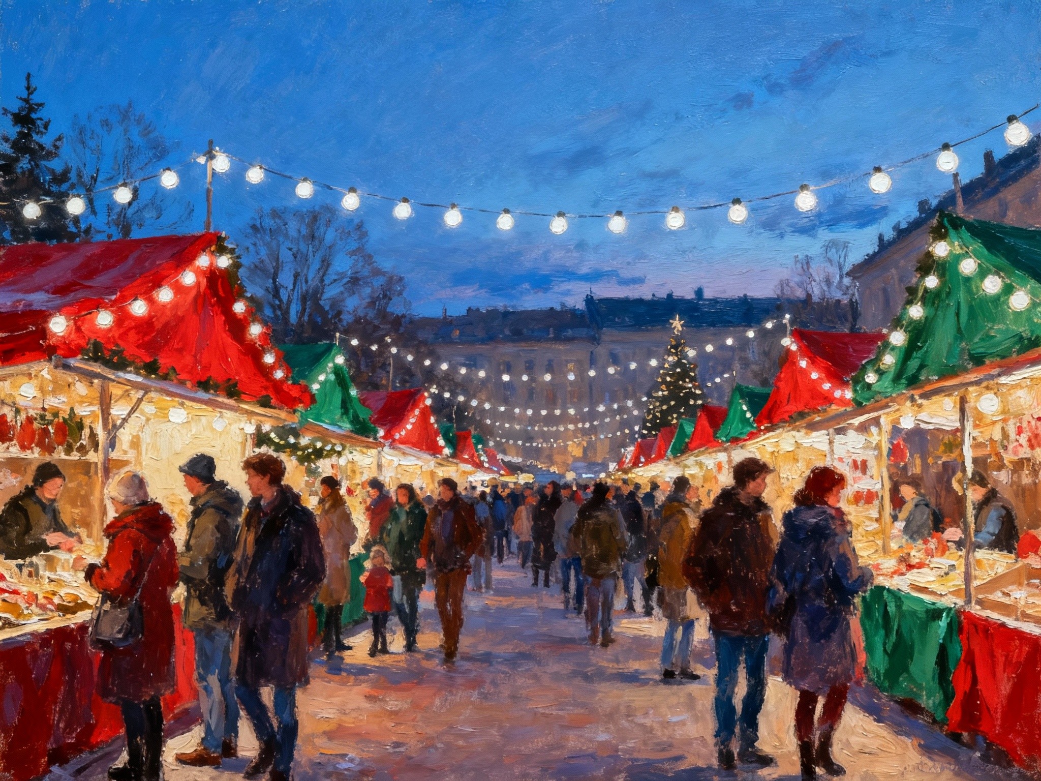 An expansive of a bustling outdoor Christmas market at twilight, featuring stalls draped in festive