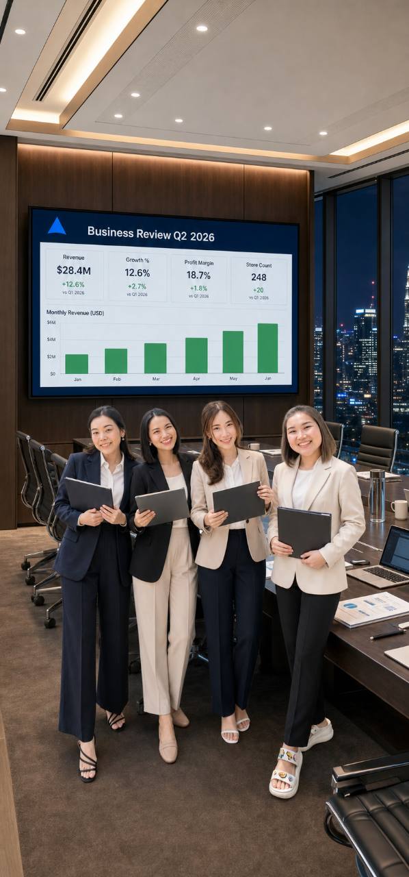 ทีมผู้หญิงสี่คนร่วมทบทวนผลการดำเนินงานสำหรับ 3SO Event Operating System