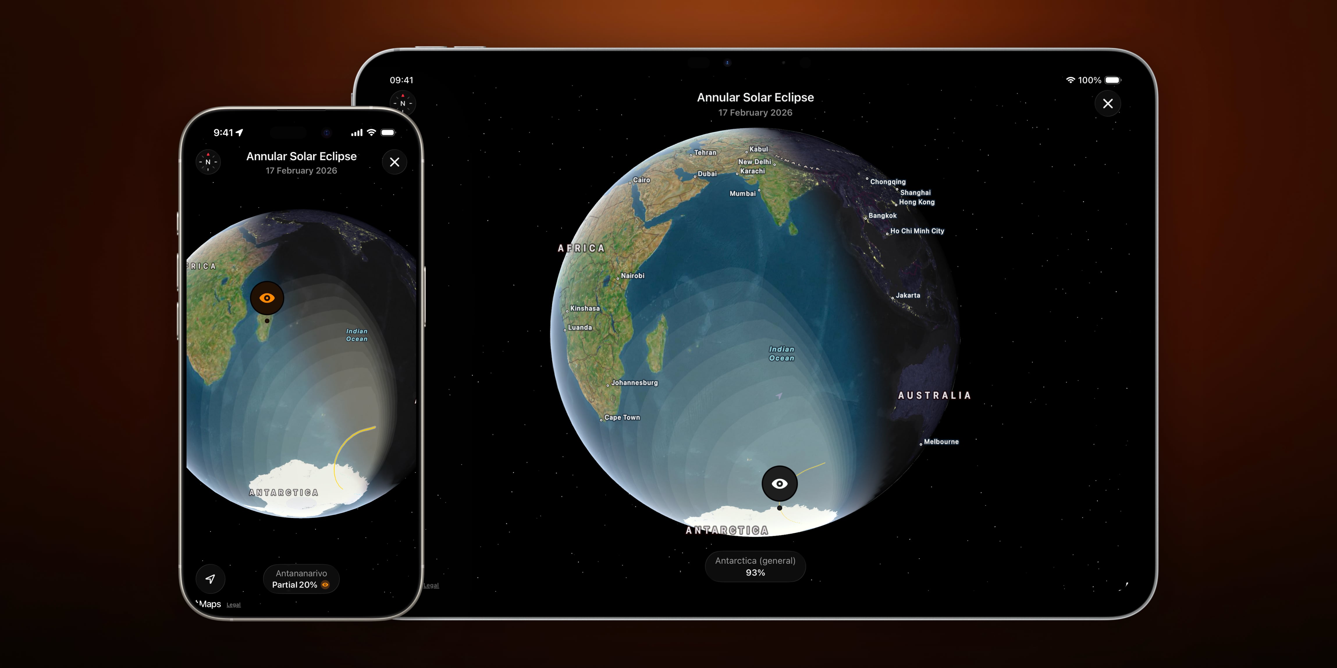 Map page of Moonlitt App. Annular Solar Eclipse 17 February 2026