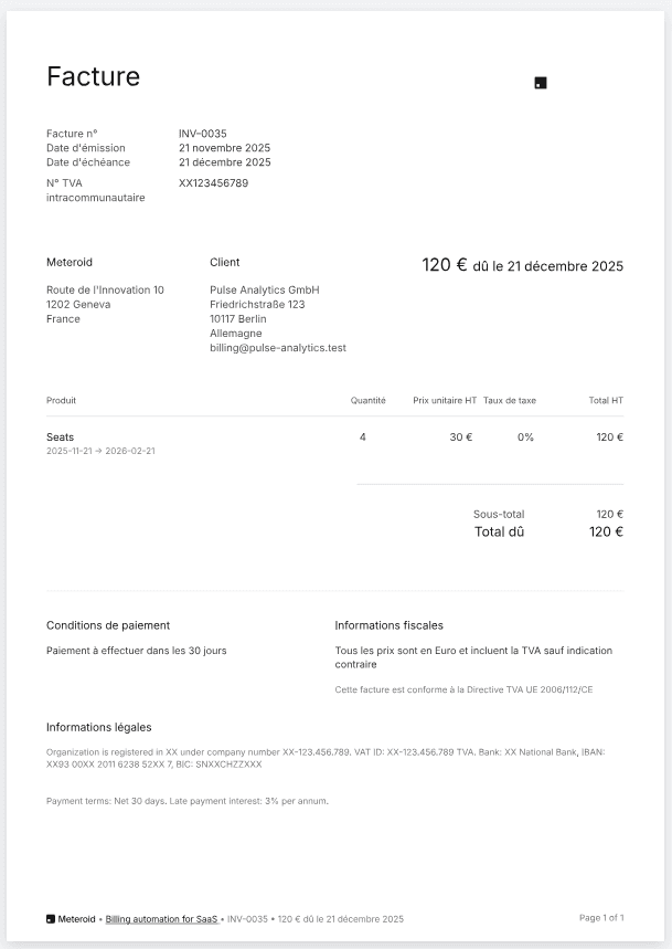 Example of an invoice generated by Meteroid