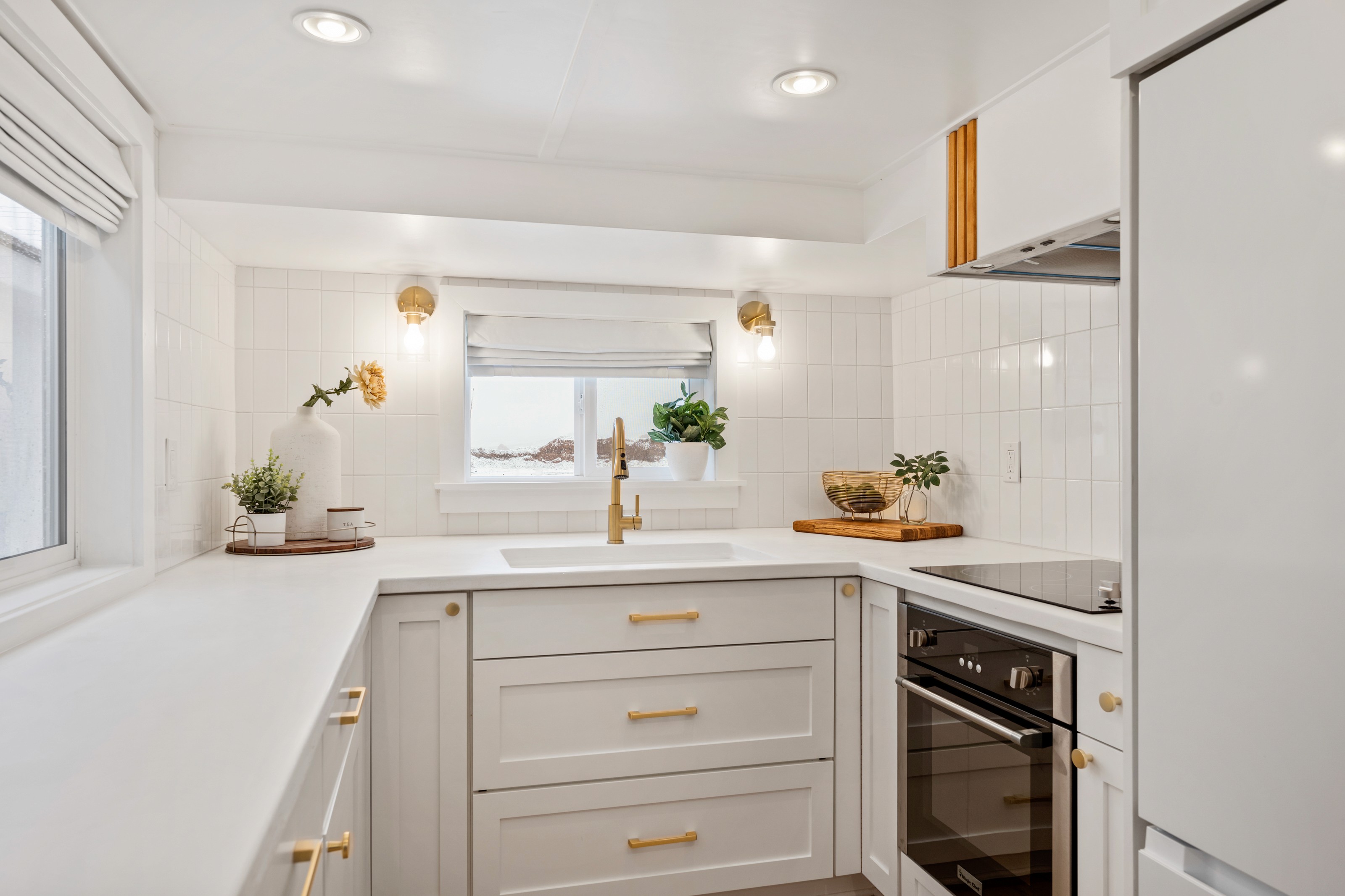 Fireplace in a St. George Utah remodel with detailed wood accents and cozy 70s-inspired design