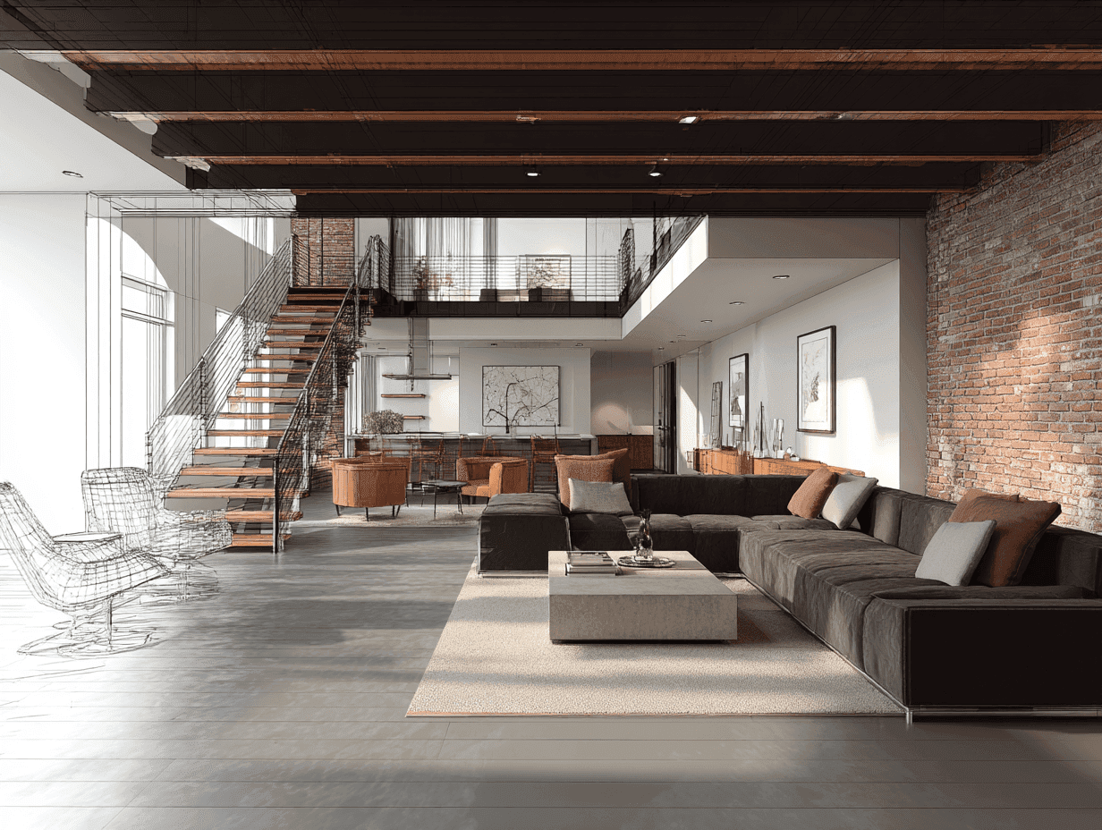Loft with industrial decor: exposed brick, high ceilings, large windows. Cozy gray sofas, concrete coffee table, pendant lights, and a soft rug.