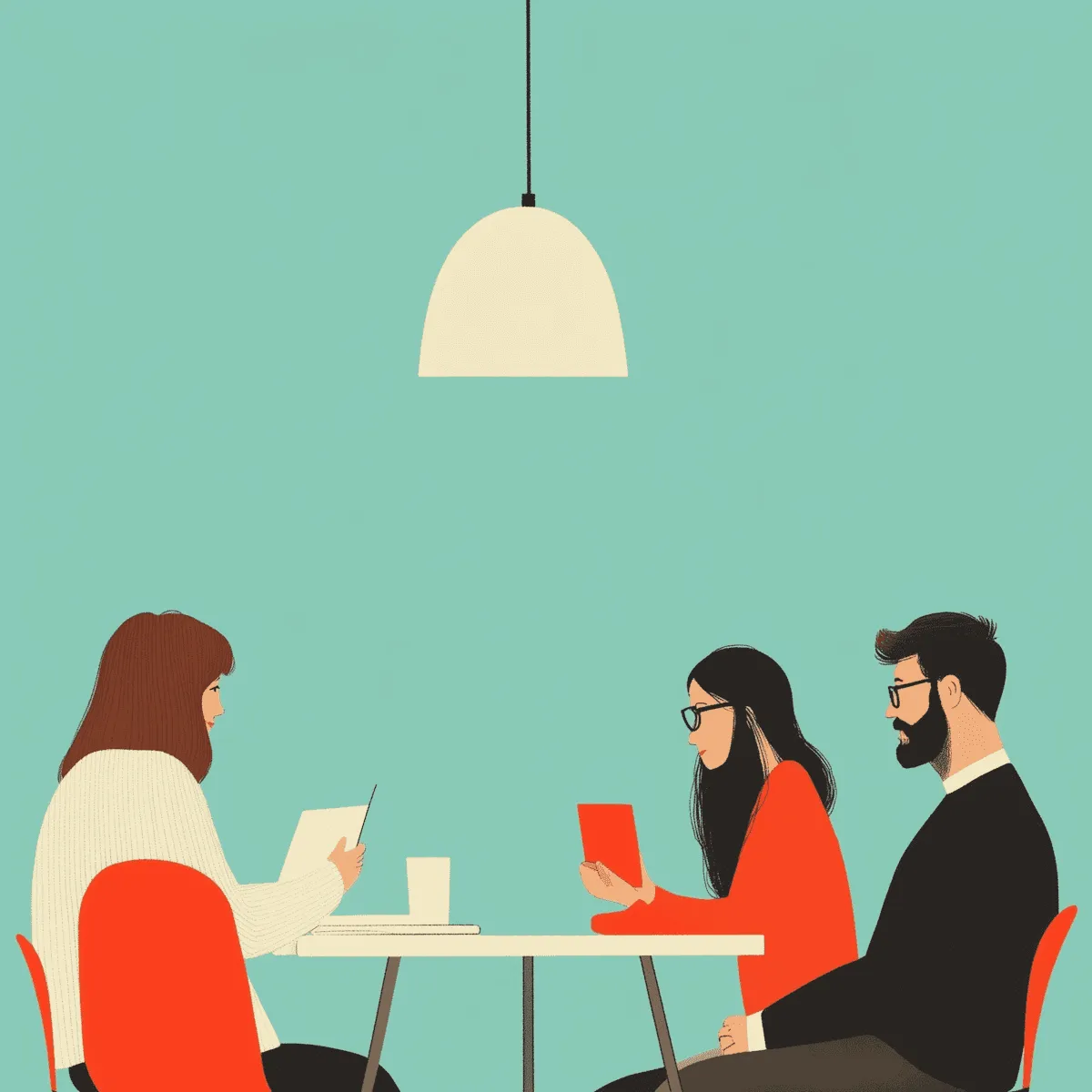 Three people are sitting at a table, focused on their devices, with a pendant light overhead and a teal background.