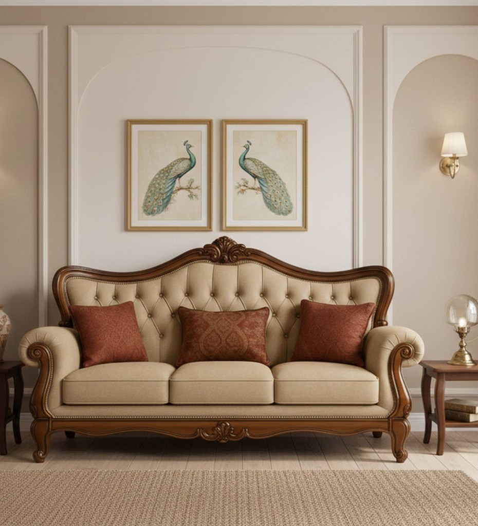 Luxury contemporary cane sofa with teal upholstery and wooden frame