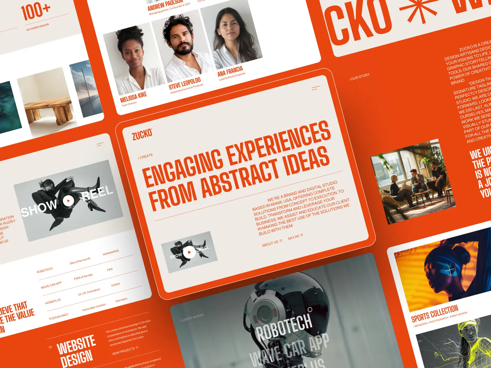 A preview grid of the 'Zucko' website template showing multiple responsive layouts with bold orange and black color schemes, emphasizing creative and abstract design themes for digital products