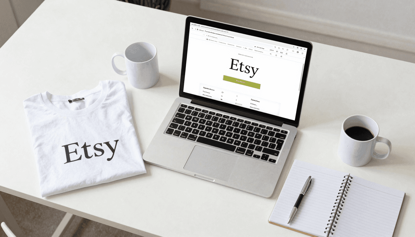 Etsy seller working on laptop with sample products