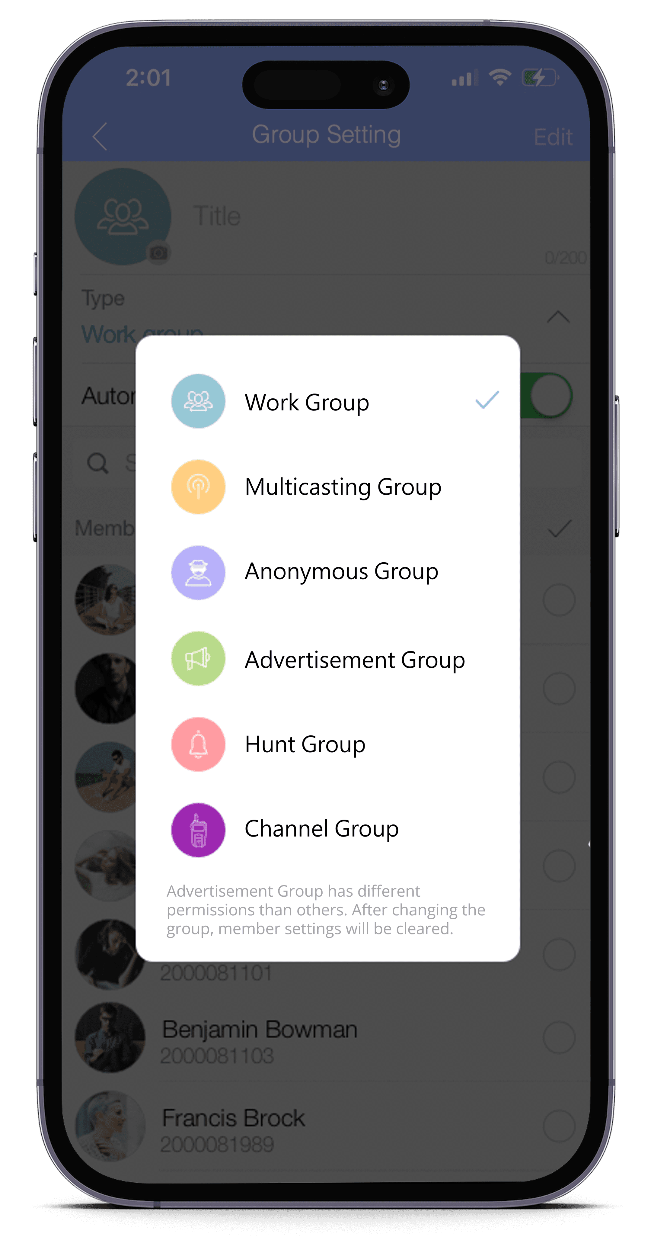 Workgroup selection screen on a smartphone with various communication group options including work group, anonymous group, hunt group, advertisement group, multicasting group, and channel group for flexible enterprise communication.