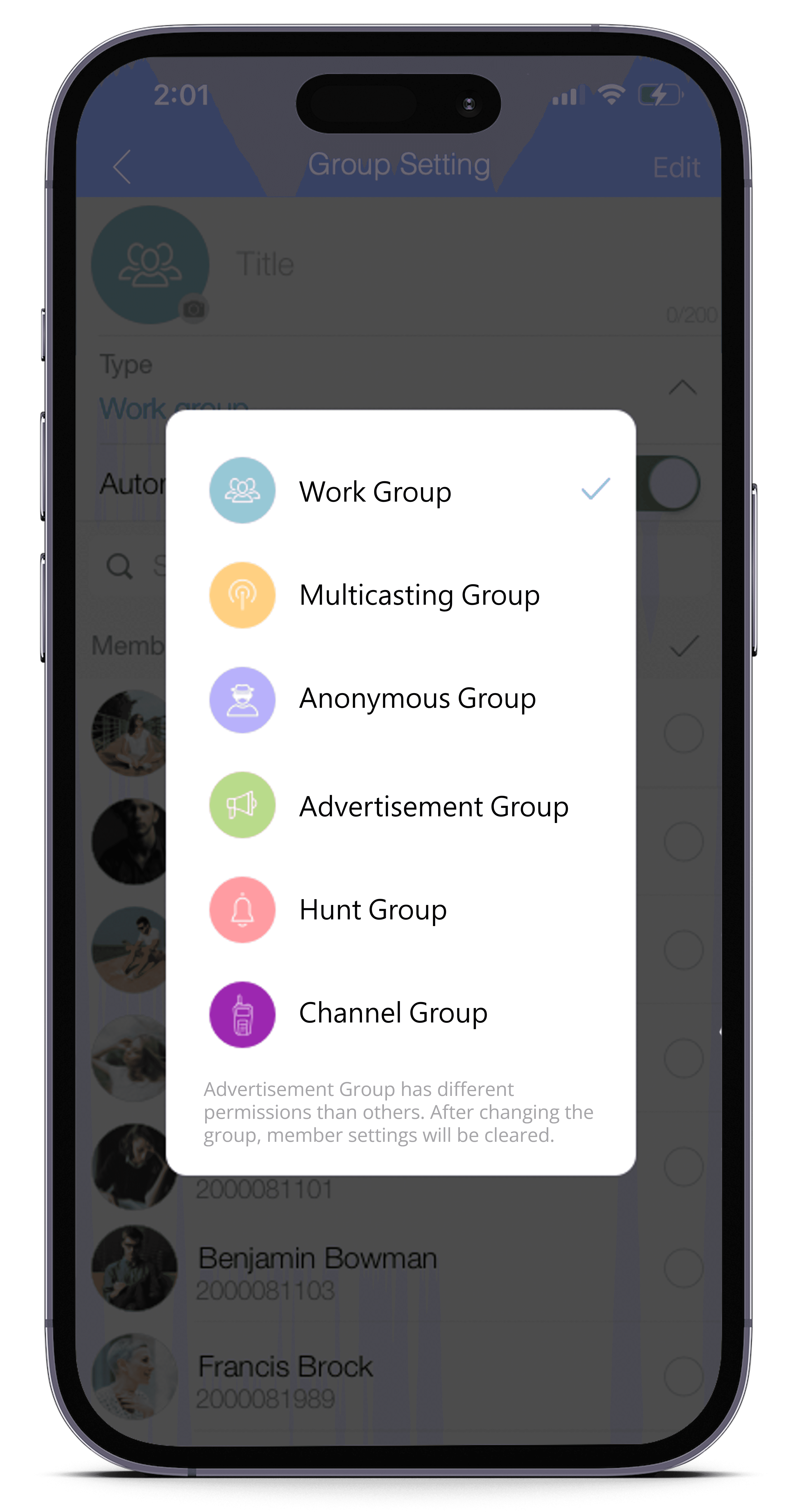 Workgroup selection screen on a smartphone with various communication group options including work group, anonymous group, hunt group, advertisement group, multicasting group, and channel group for flexible enterprise communication.